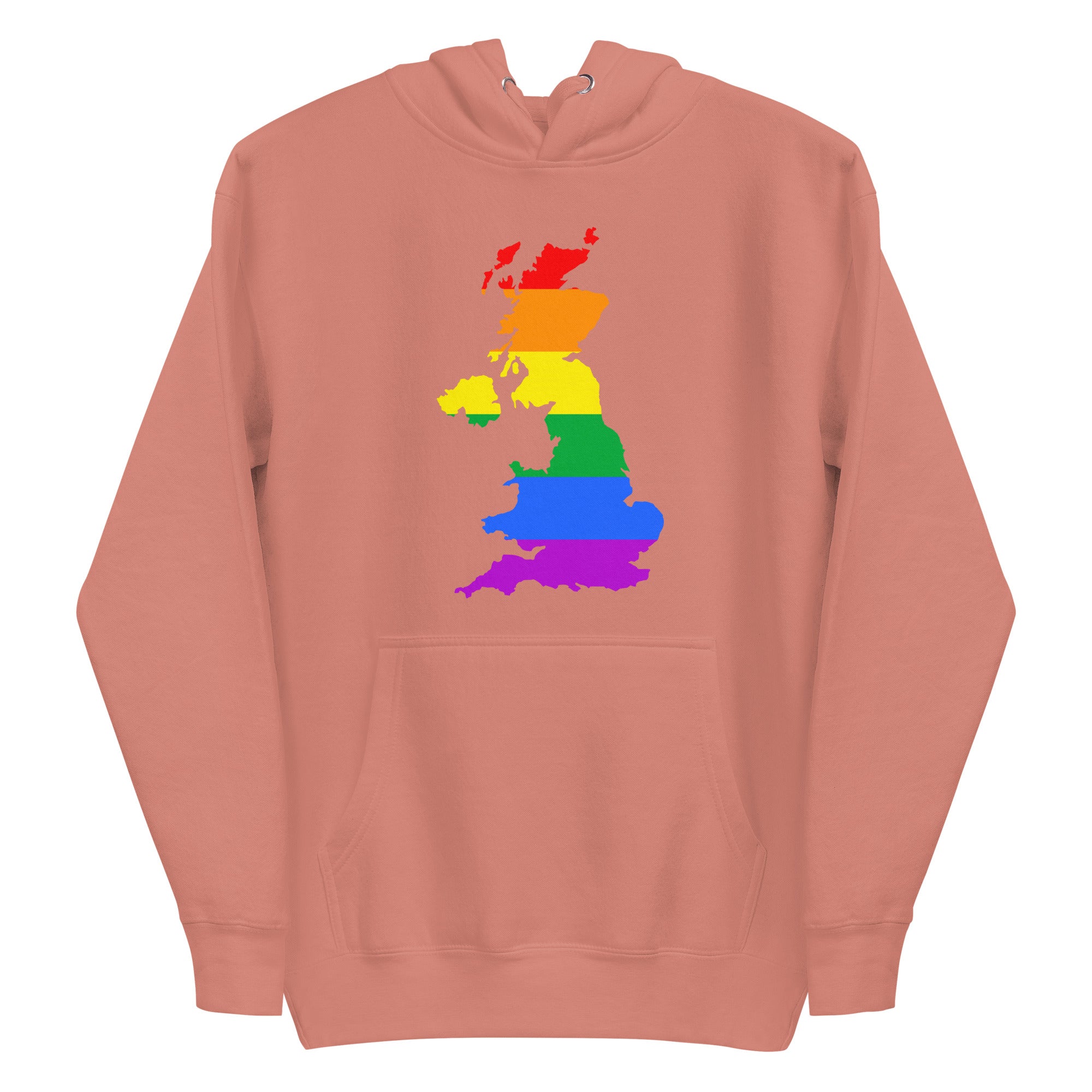 Introducing the British Isles Pride Hoodie by Pridelity, this sky blue hoodie features a vibrant depiction of Great Britain in rainbow colors, reflecting the LGBTQ+ pride flag. The eye-catching design is prominently displayed on the chest, making it an essential piece for any Pride Collection.