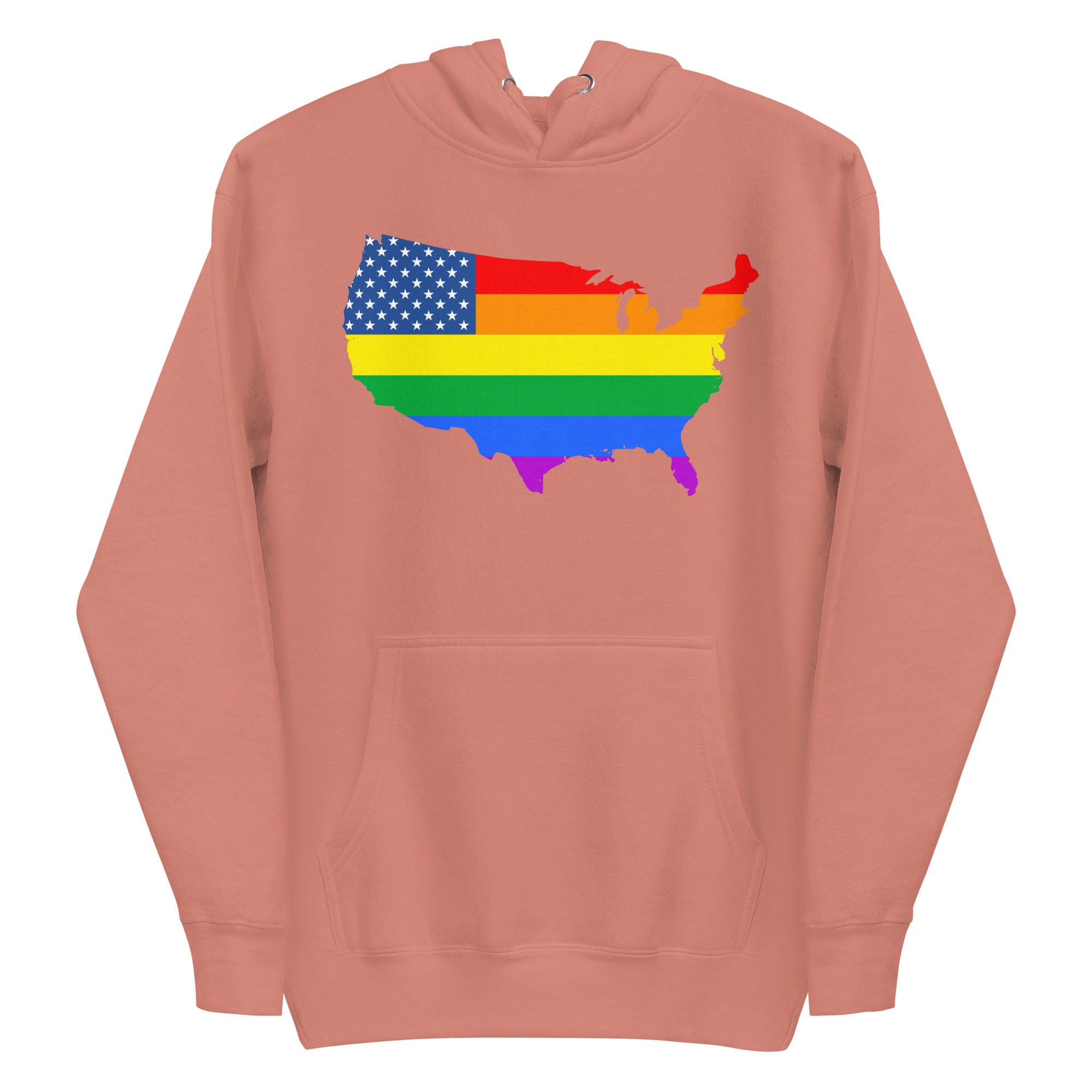 The US Map Pride Hoodie by Pridelity, in a sky blue color, showcases the United States map adorned with an American flag design that transitions into rainbow stripes, representing LGBTQ+ pride.