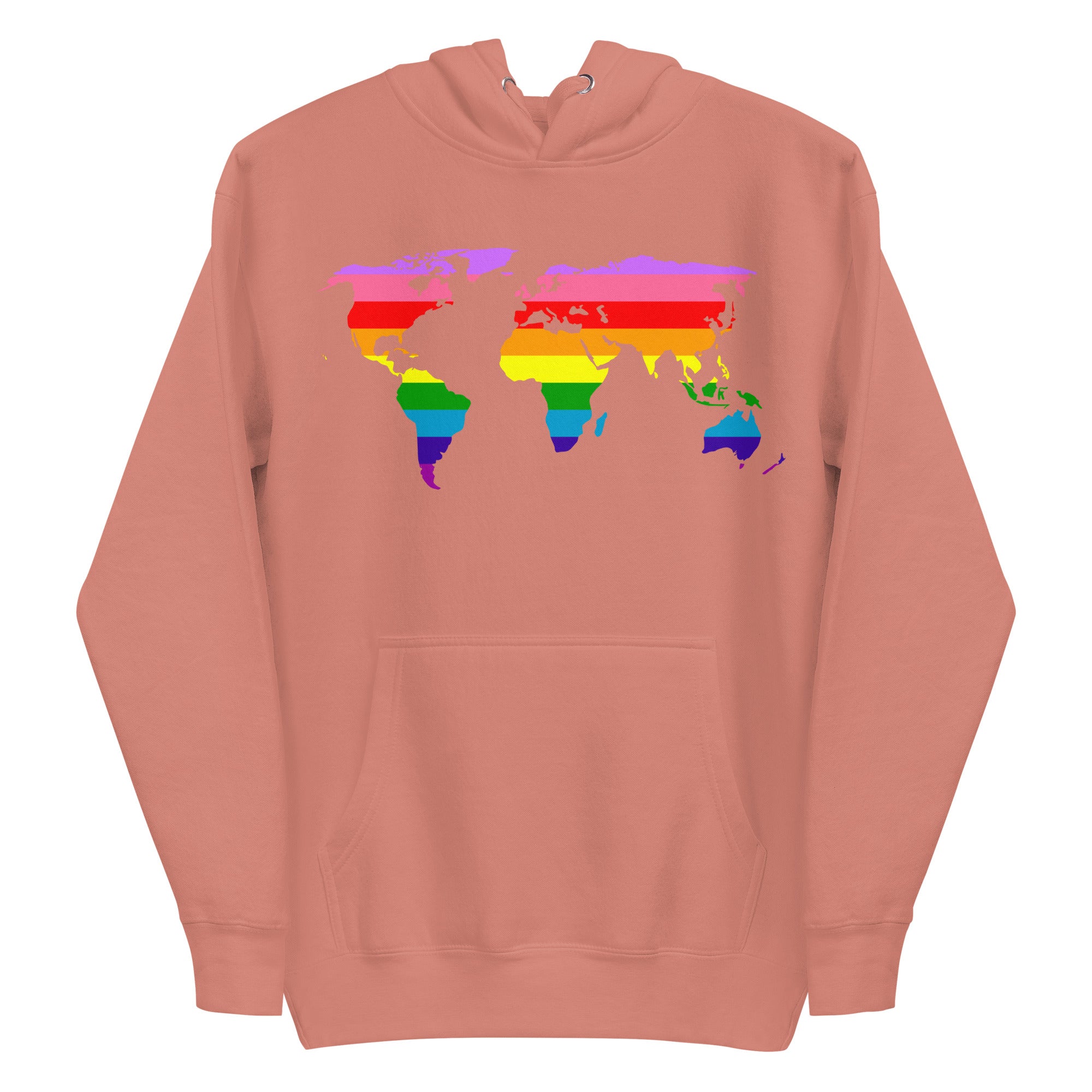 Introducing the World Pride Hoodie from Pridelity. This sky blue hoodie showcases a vibrant world map with continents in the colors of the LGBTQ+ pride flag, prominently displayed on the front. Designed for comfort, it also features a convenient front pocket and drawstrings.