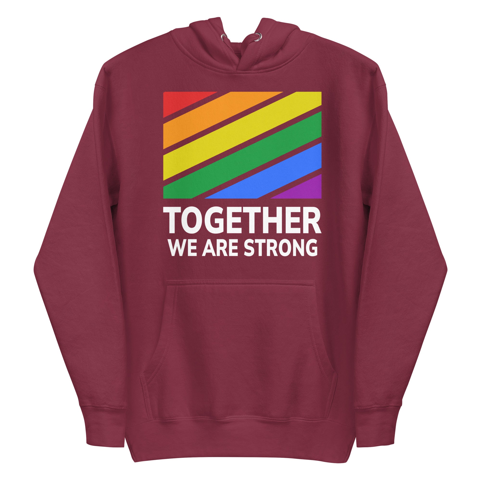 The Together Hoodie by Pridelity features a rainbow-striped rectangular design above the empowering slogan 