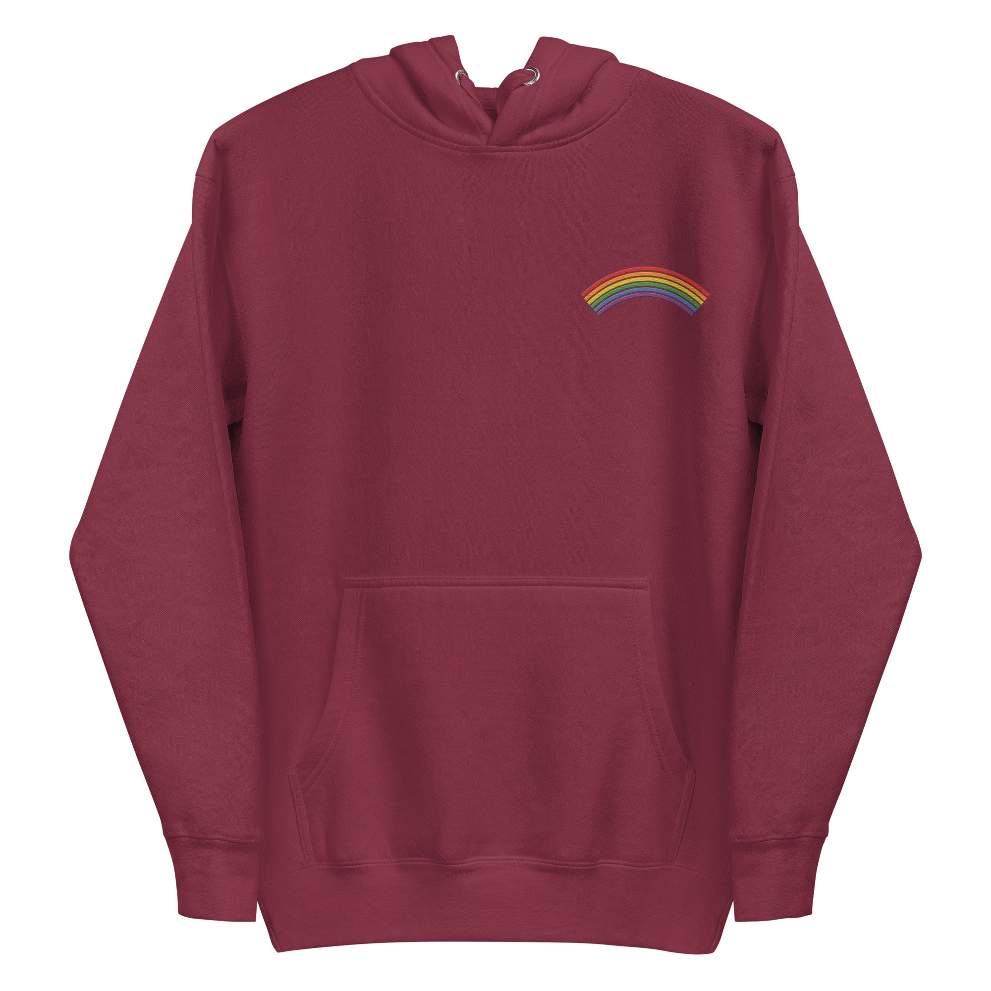 Introducing Pridelity's Rainbow Hoodie, a standout piece from the pride collection. This white hoodie showcases a subtle rainbow design on the upper left chest. It features a front pocket and drawstrings at the hood, perfectly capturing a minimalist style while honoring LGBTQ+ pride.