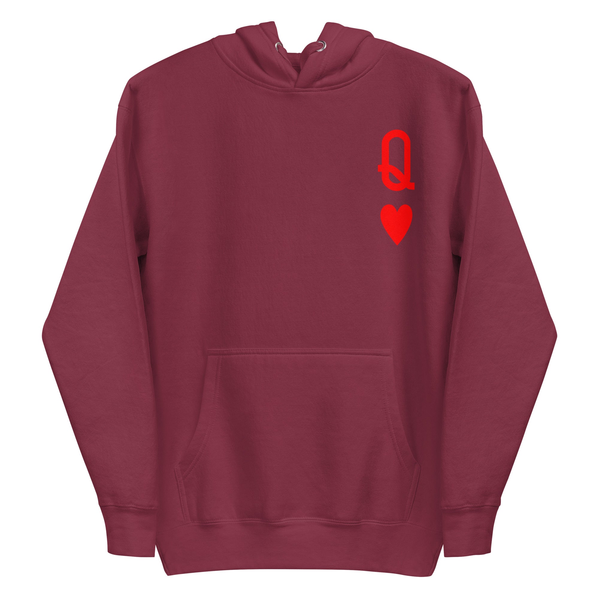 Presenting the Queen of Hearts Hoodie by Pridelity: a white hoodie adorned with a red 