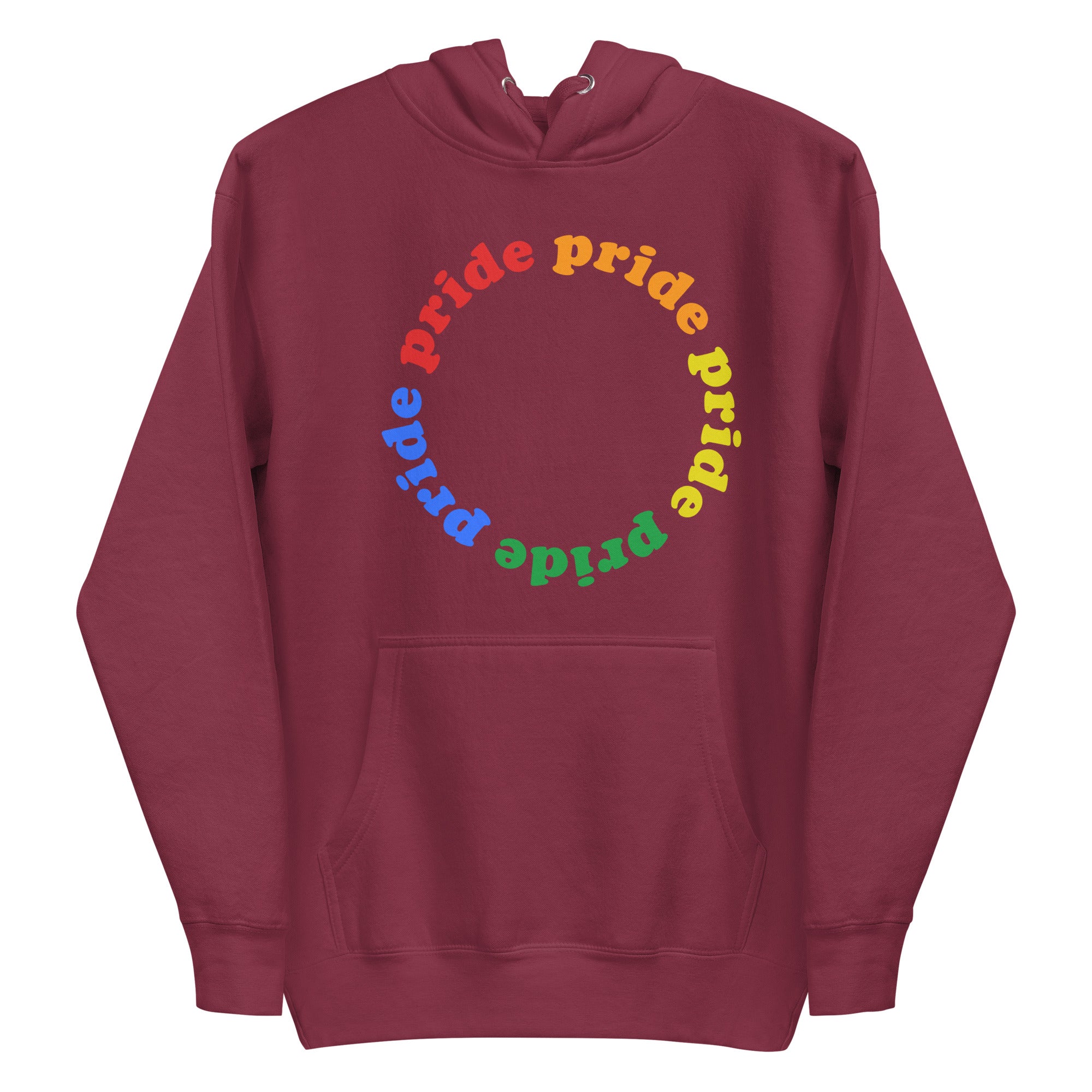 Introducing the Pride Circle Hoodie by Pridelity, a stylish white hoodie that celebrates pride with a captivating circular design featuring the word 