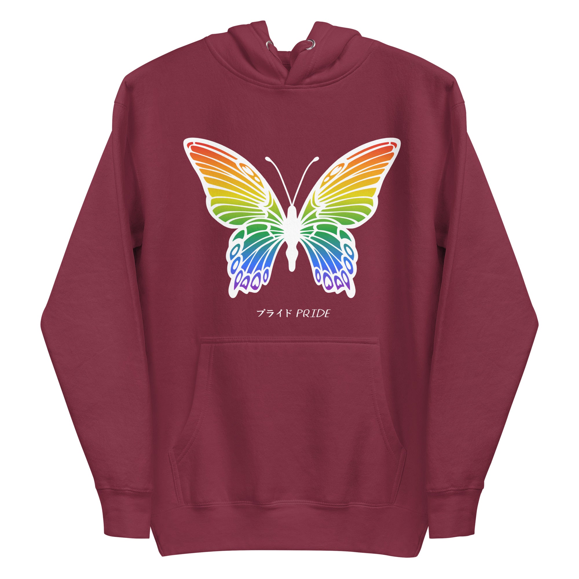 Explore the Butterfly Pride Hoodie from Pridelity, a standout piece from our Pride Collection. This purple hoodie features an impressive butterfly with vibrant rainbow wings. The design is beautifully complemented by the word 