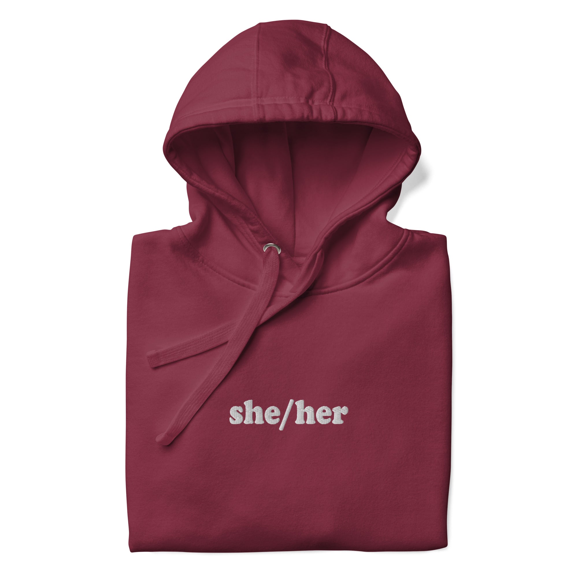 Introducing the She/Her Hoodie from Pridelity's pride collection, crafted in a maroon hue and adorned with 