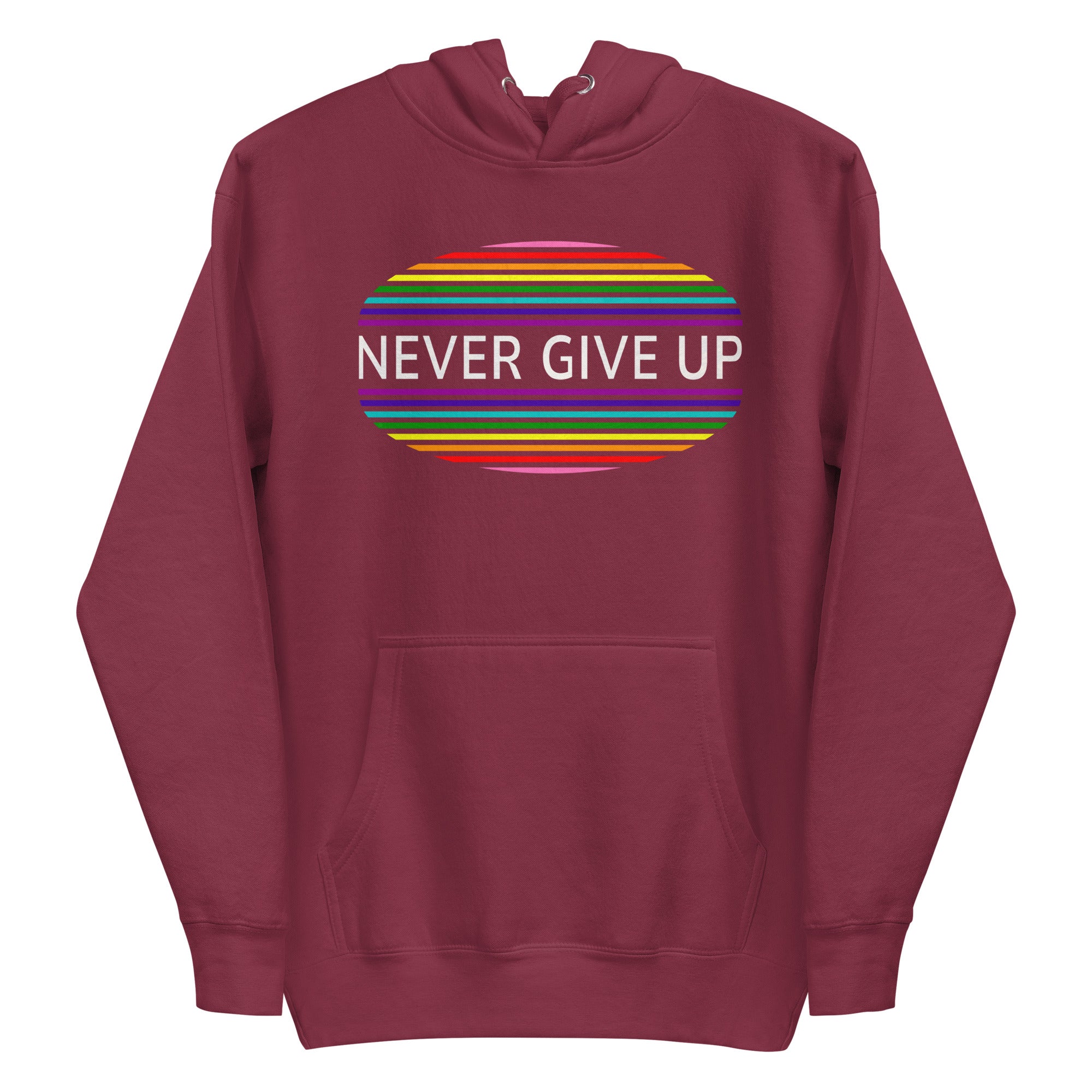 The Never Give Up Hoodie by Pridelity features a black design and showcases the inspiring message 