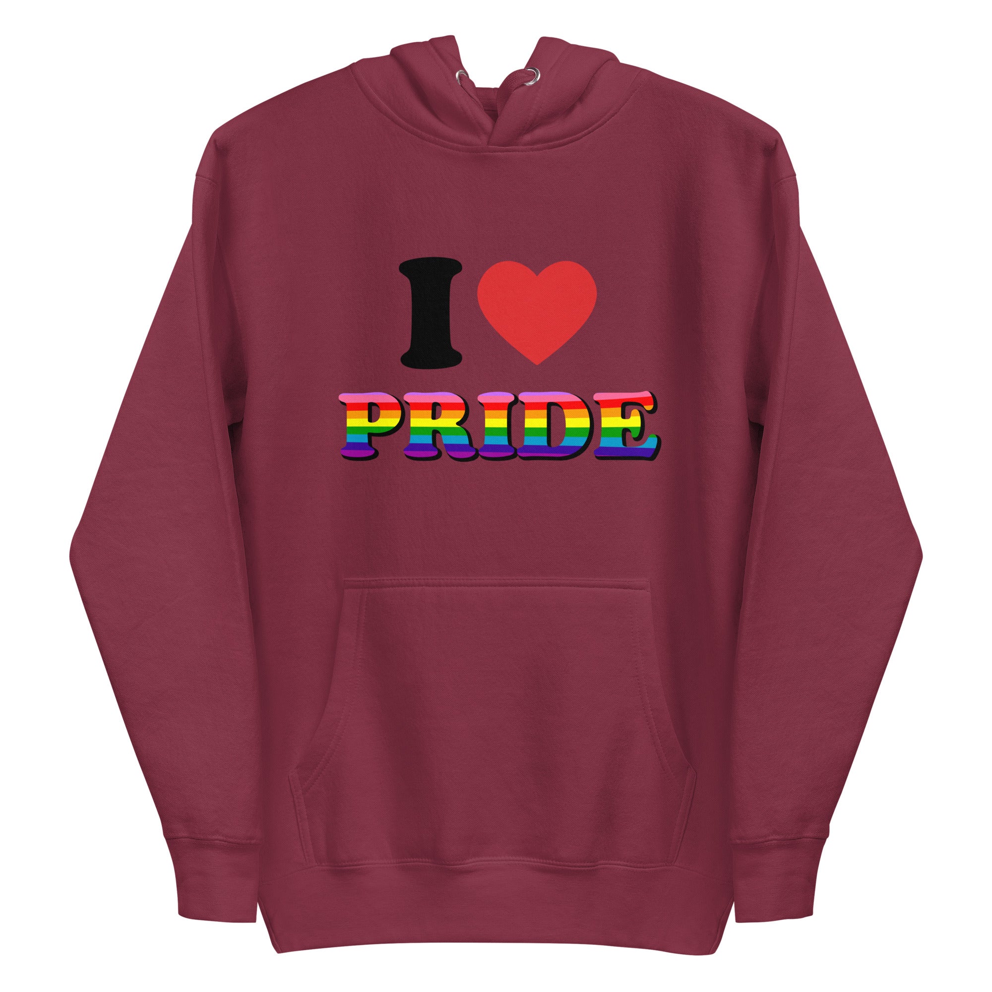 Introducing the I Love Pride Hoodie from Pridelity, a stylish white hoodie showcasing 