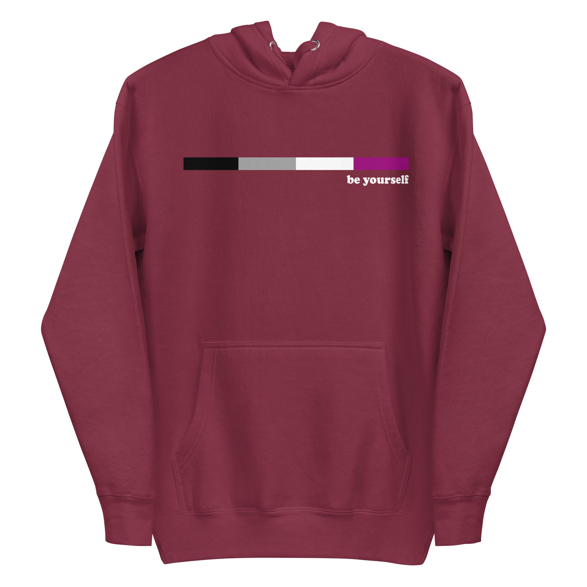 Presenting the Asexual Hoodie by Pridelity: a maroon hoodie adorned with a horizontal bar design in a pride-inspired gradient of black, gray, white, and pink. The phrase 