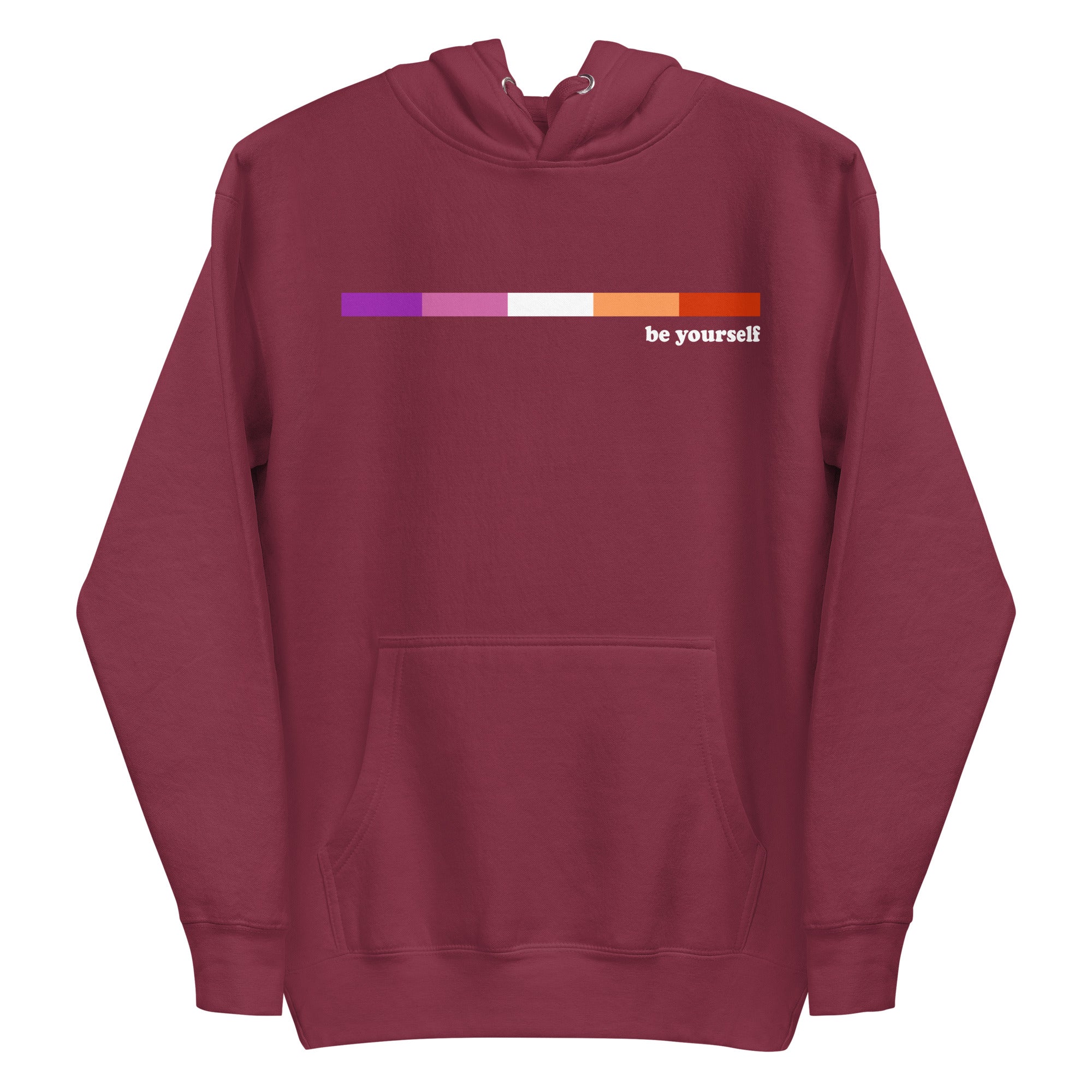 Introducing the Pridelity Lesbian Hoodie: a maroon hoodie with a front pocket, featuring a stunning pride-inspired horizontal gradient from purple to orange. 