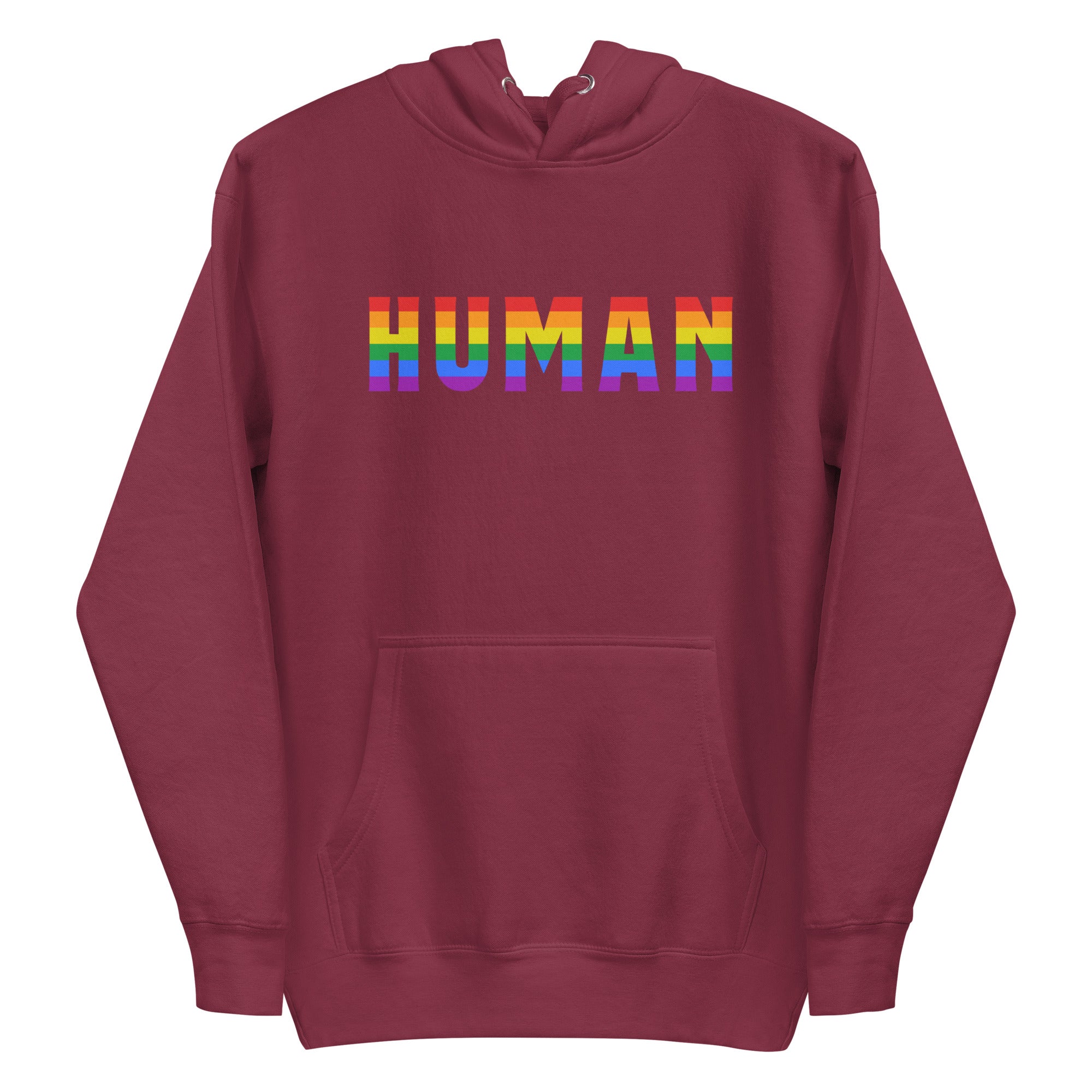 A folded Human Hoodie by Pridelity, featuring the word 