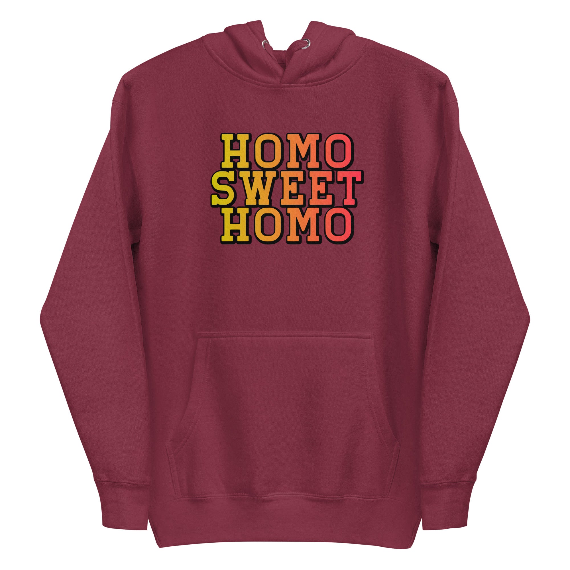 A carbon grey *Homo Sweet Homo* hoodie by Pridelity featuring bold, multicolored lettering on the front.