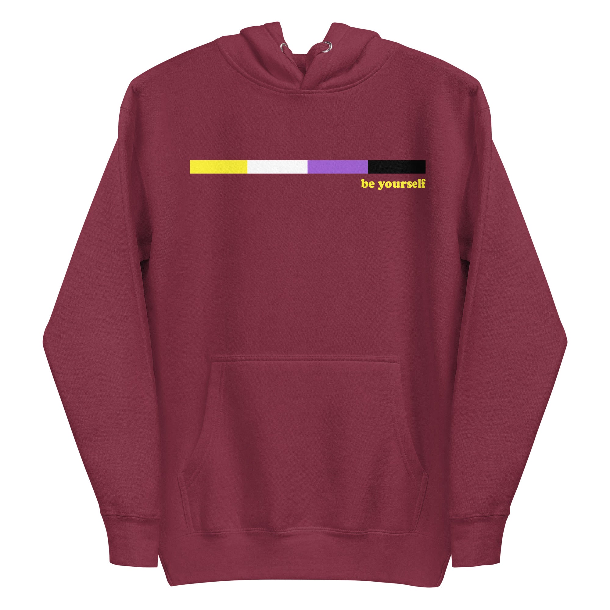 The Nonbinary Hoodie by Pridelity showcases a minimalist design with horizontal yellow, white, purple, and black stripes that embody the spirit of pride shirts. The motivational phrase 