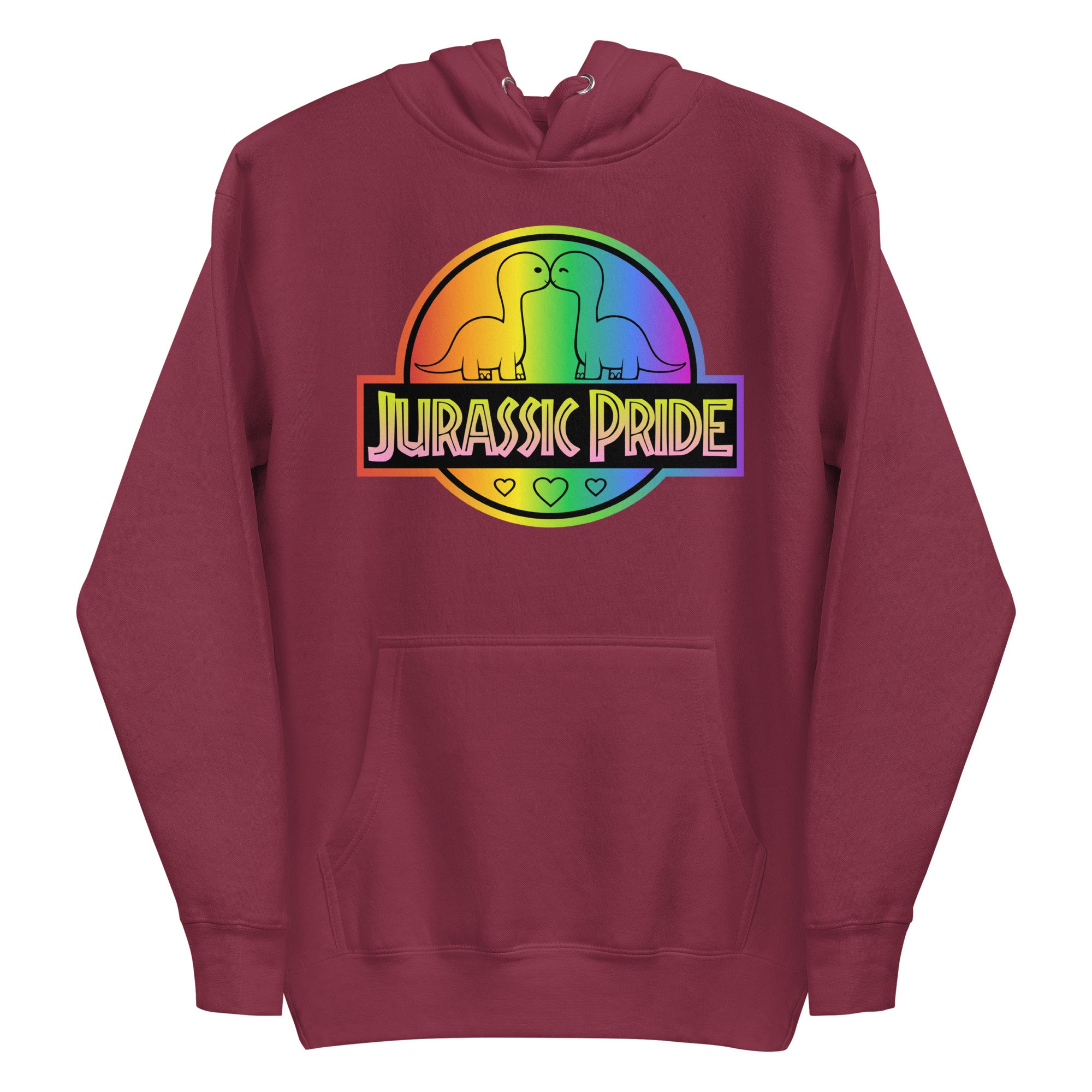 The Jurassic Pride Hoodie by Pridelity showcases a vibrant design featuring two cartoon dinosaurs facing each other inside a rainbow circle. The bold 