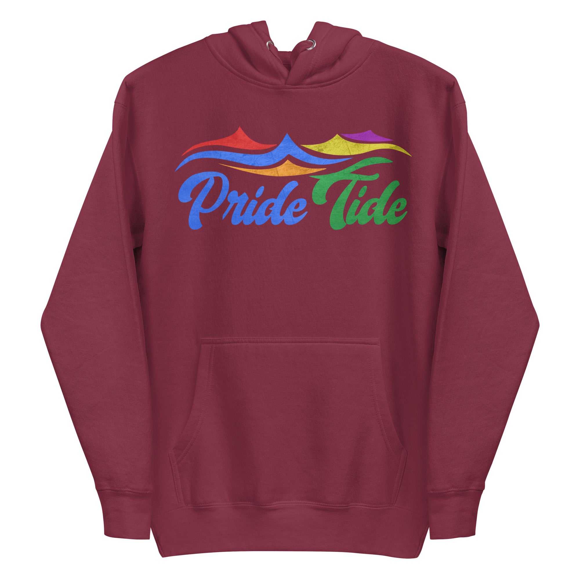 Experience the vibrant Pride Tide Hoodie by Pridelity, featuring a colorful wave design above 