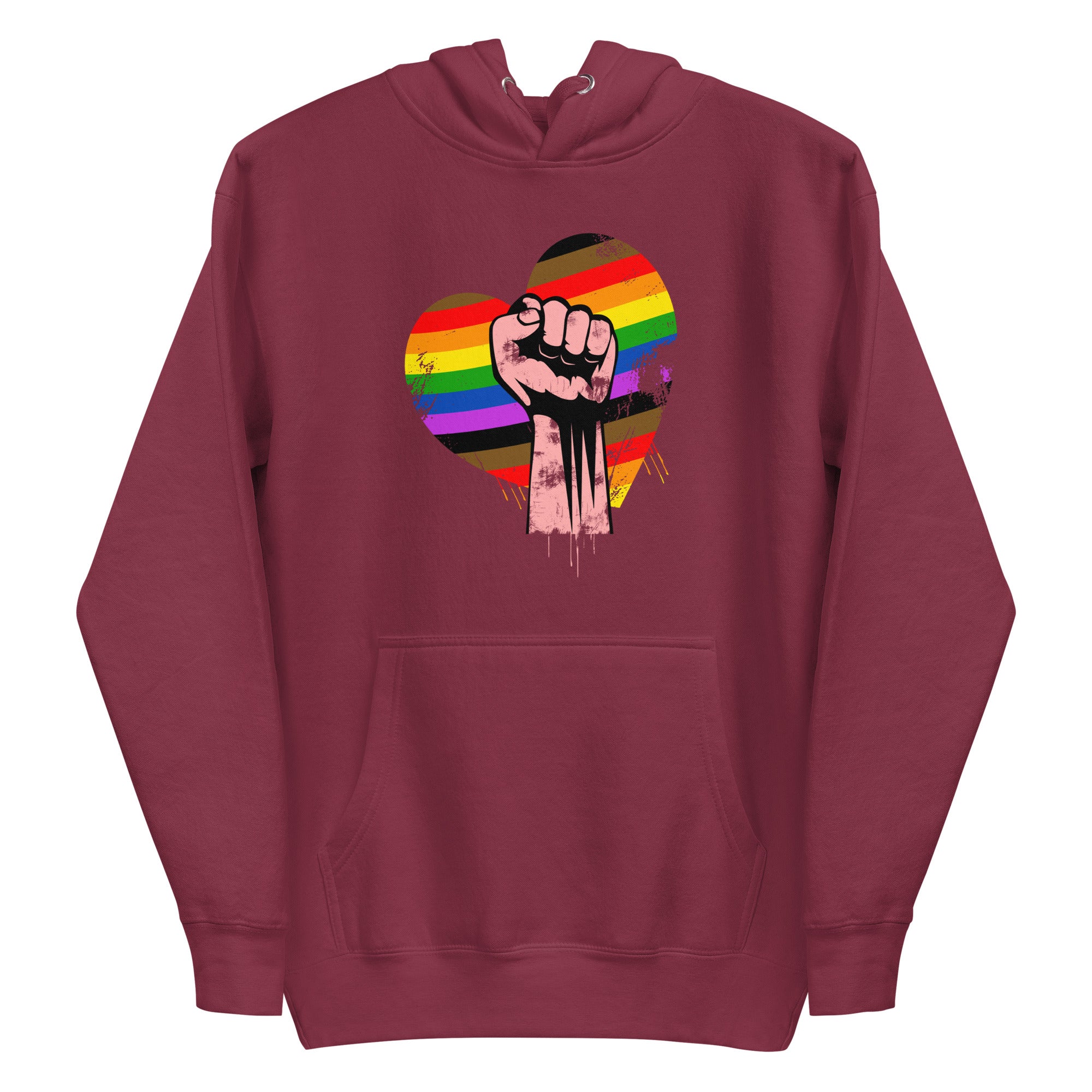 The Pridelity Fist Up Hoodie features a striking design of a raised fist within a heart filled with rainbow hues, beautifully blending empowerment and LGBTQ+ pride. This design stands out on its crisp white fabric.