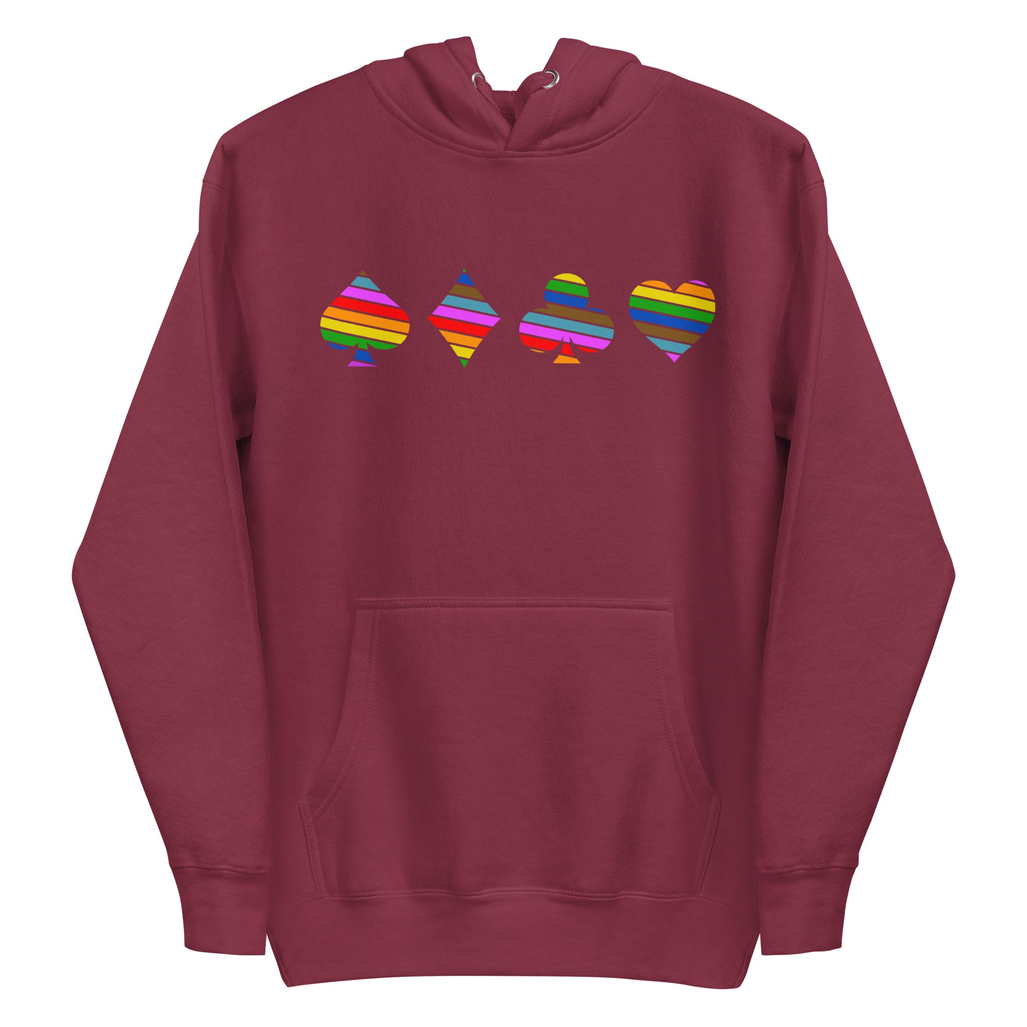 The Deck of Pride Hoodie by Pridelity, in a crisp white shade, showcases four playing card suit symbols: spade, diamond, club, and heart. Each symbol is embellished with vivid horizontal stripes. When laid flat with the hood up, it becomes a lively addition to your Pride merchandise collection.