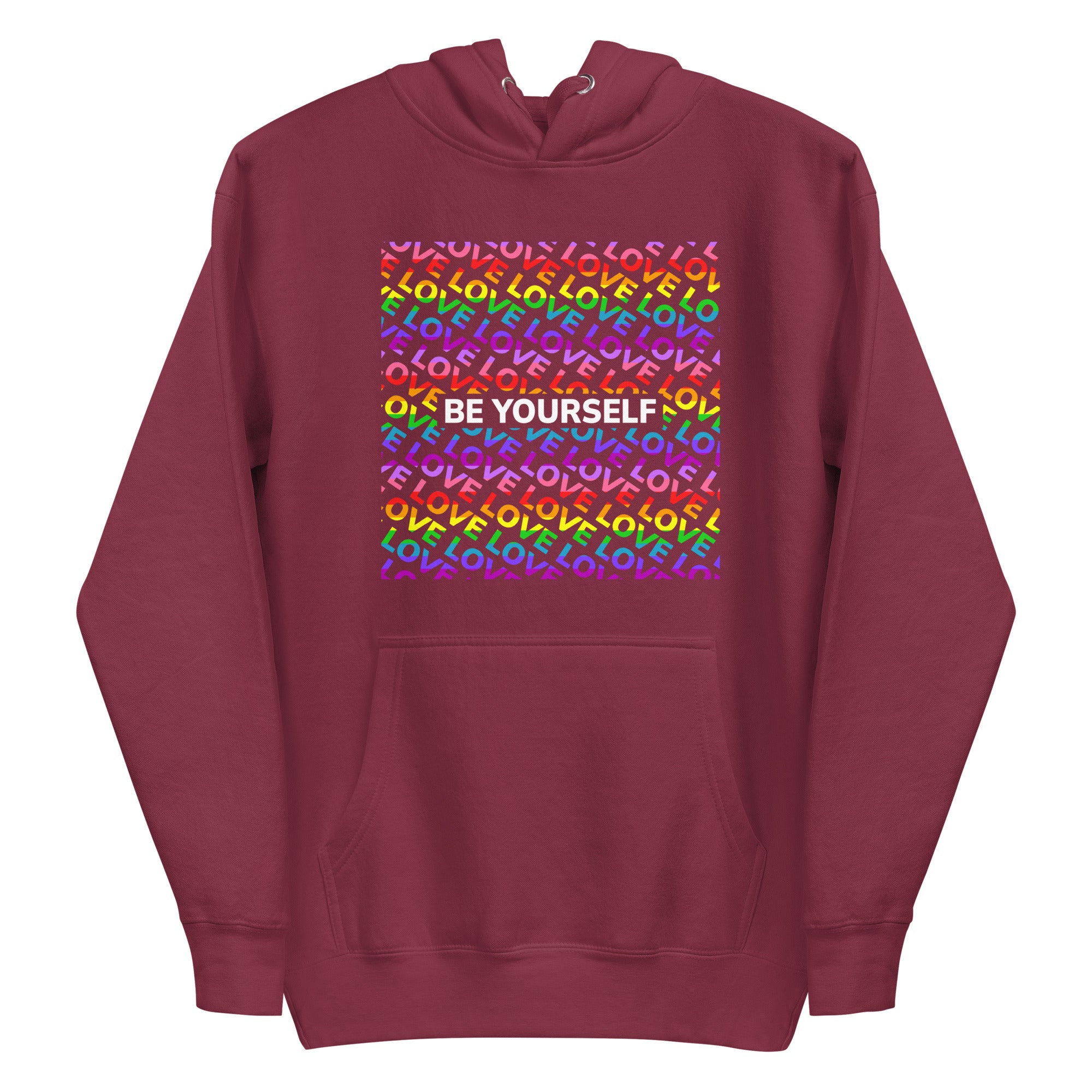 Introducing the Be Yourself Hoodie by Pridelity: a black hoodie adorned with a vibrant square pattern and the uplifting message 