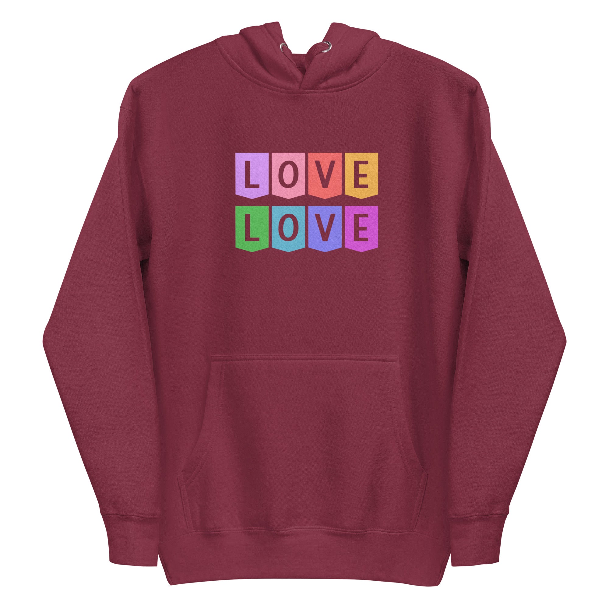 The Pridelity Love Love Hoodie is a white hoodie showcasing a colorful block design on the chest, with the word 