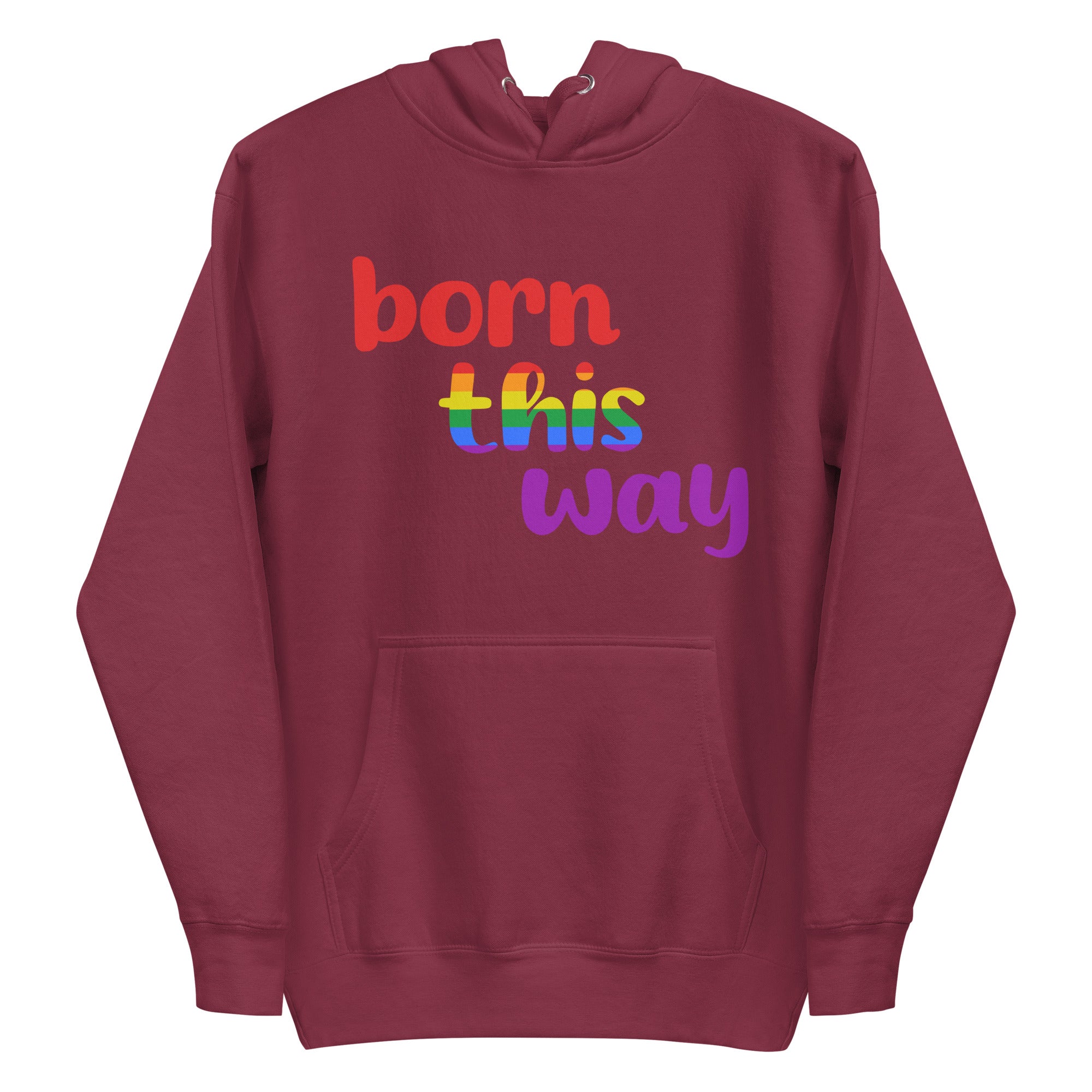 The Born This Way Hoodie by Pridelity is a standout piece in our Pride Merch. It features bold lettering on the front, with 