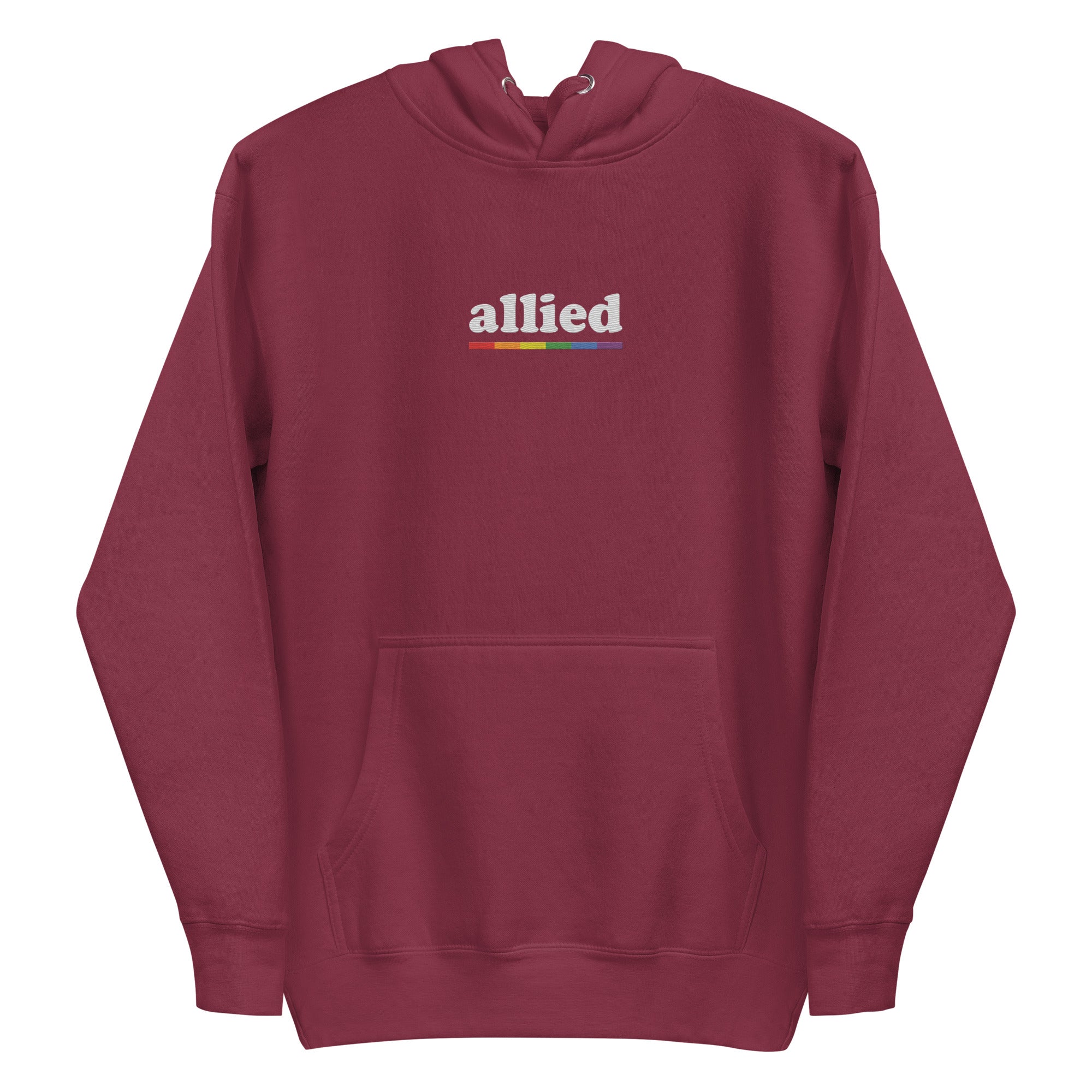 The Allied Hoodie by Pridelity is a black hoodie adorned with the word 