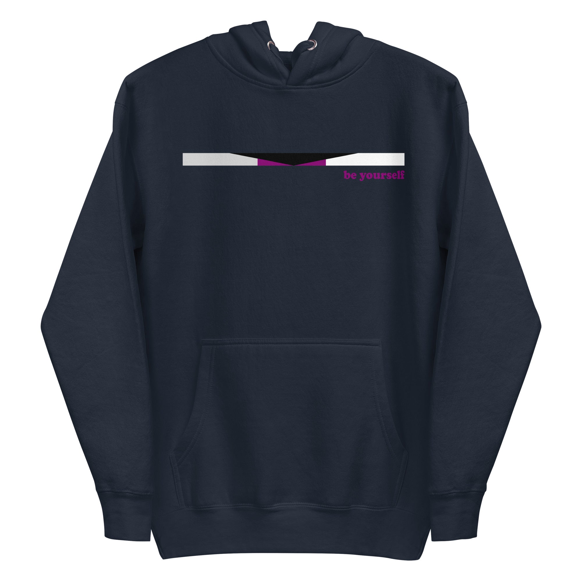 The Demisexual Hoodie by Pridelity is a stylish purple hoodie that highlights a small pride flag design across the chest, featuring black, gray, white, and purple stripes. Bold red text beside the flag reads 