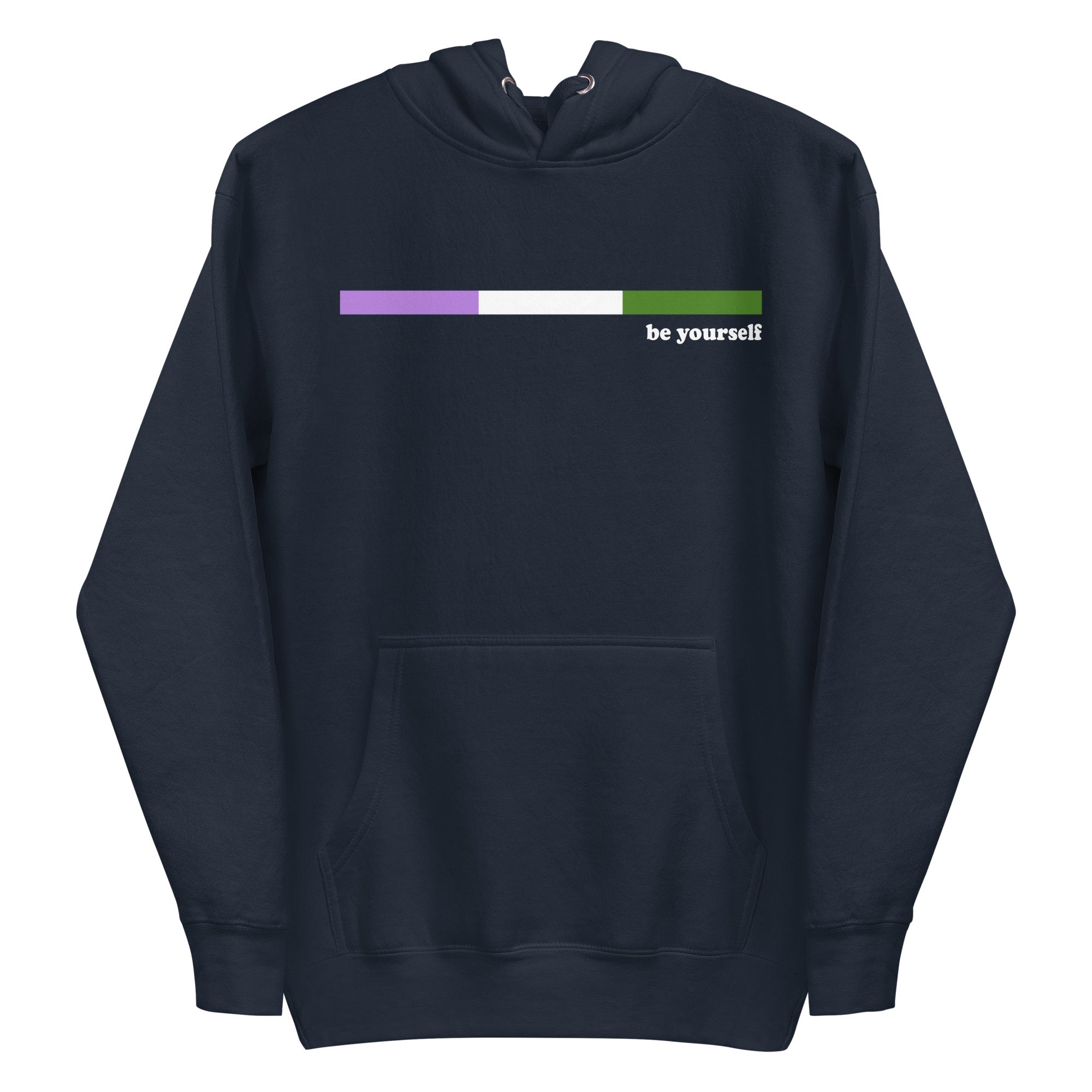 The Genderqueer Hoodie by Pridelity showcases a purple design with a genderfluid pride flag on the chest. Displaying the phrase 