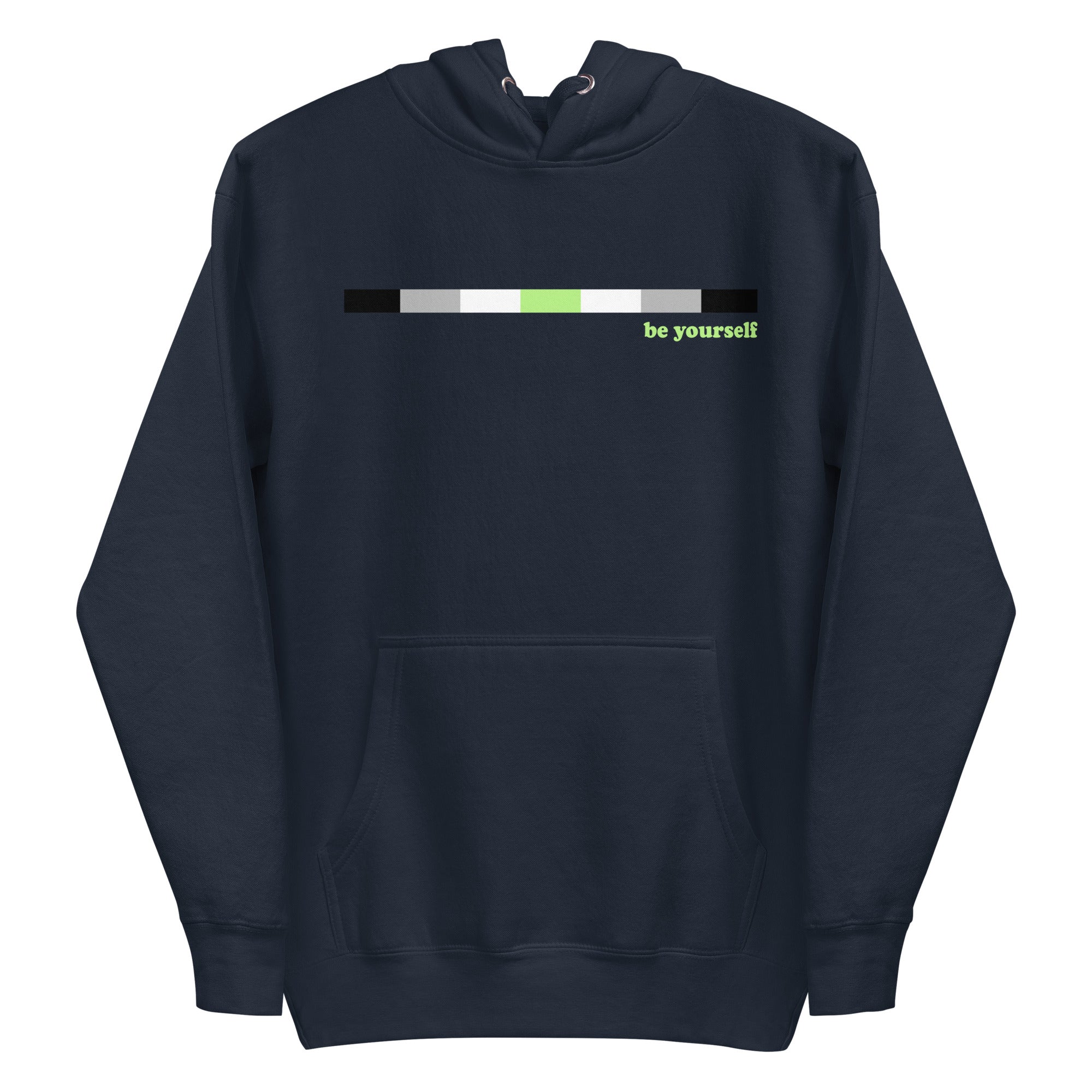 Introducing the Pridelity Agender Hoodie: a navy blue hoodie featuring a horizontal color bar in black, gray, white, and green. Adjacent to the bar on the right side is green text that reads 