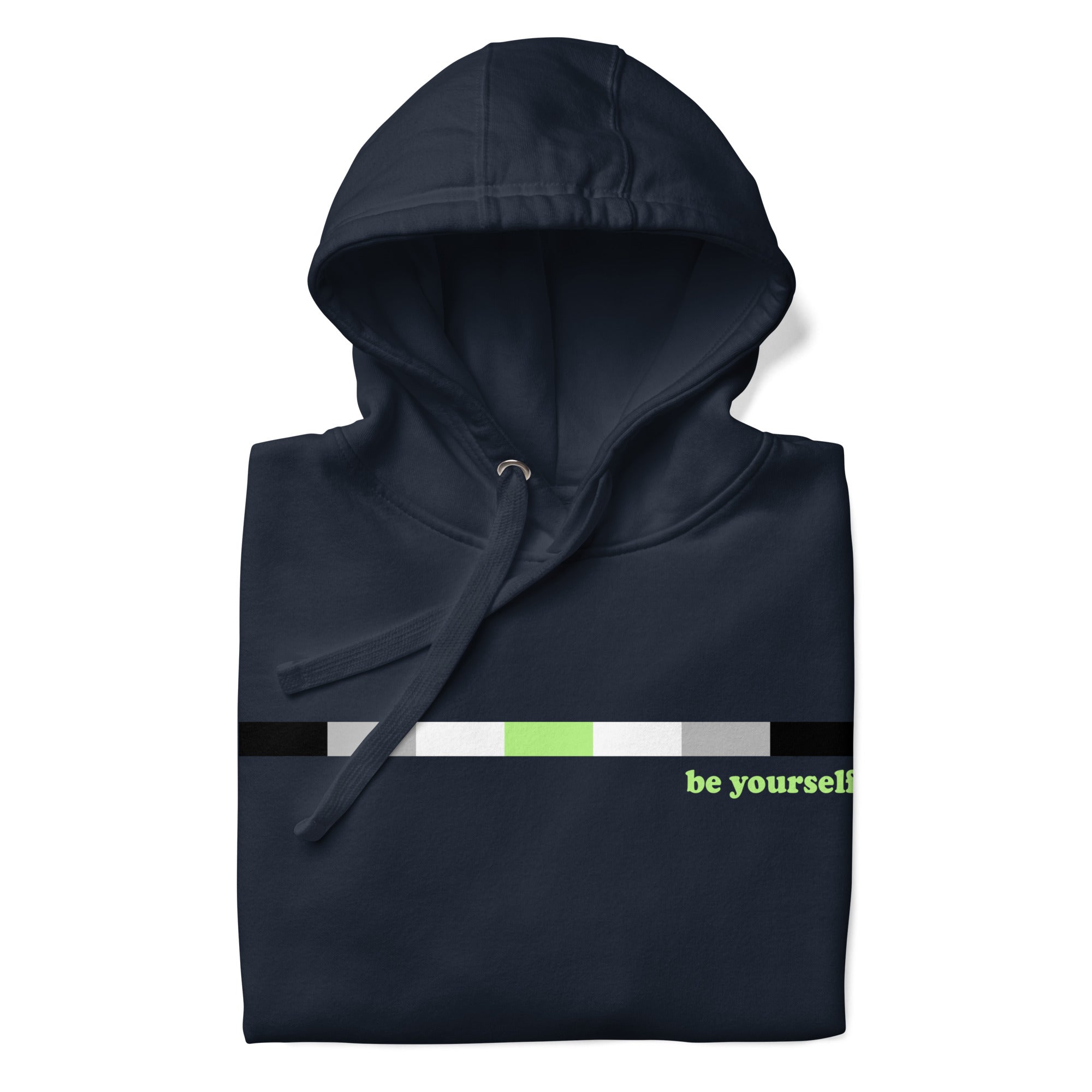 Introducing the Pridelity Agender Hoodie: a navy blue hoodie featuring a horizontal color bar in black, gray, white, and green. Adjacent to the bar on the right side is green text that reads 