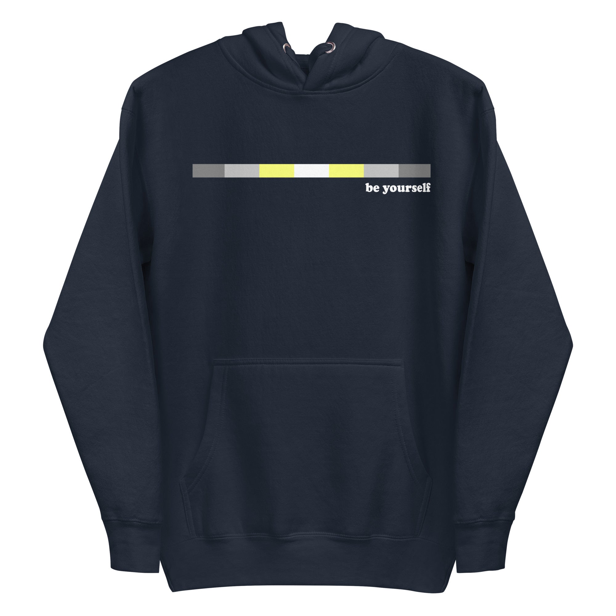 Introducing the Demigender Hoodie by Pridelity: a black pride hoodie showcasing a horizontal progress bar design in gray, yellow, and black shades. The text 