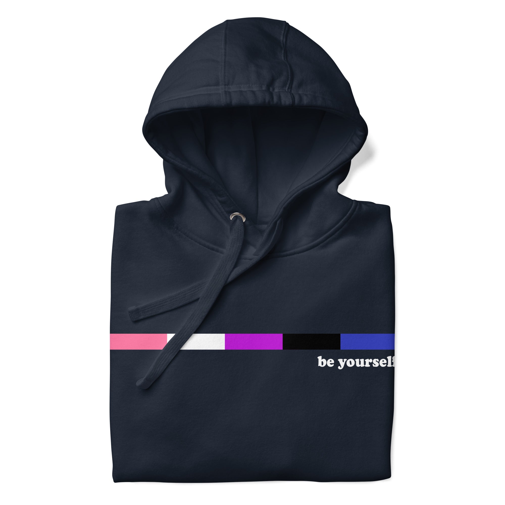 Introducing the Pridelity Genderfluid Hoodie, a navy blazer hoodie that celebrates self-expression with a color bar featuring horizontal stripes in pink, white, purple, and black. Accompanying the vibrant design are the empowering words 