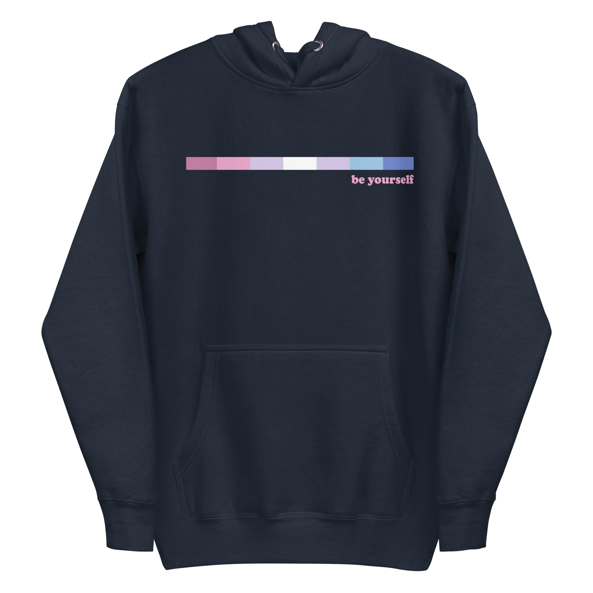 Introducing the Bigender Hoodie from Pridelity's Pride Collections, available in maroon. This hoodie showcases a front pocket and a beautiful horizontal gradient in pink and purple shades, with the phrase 