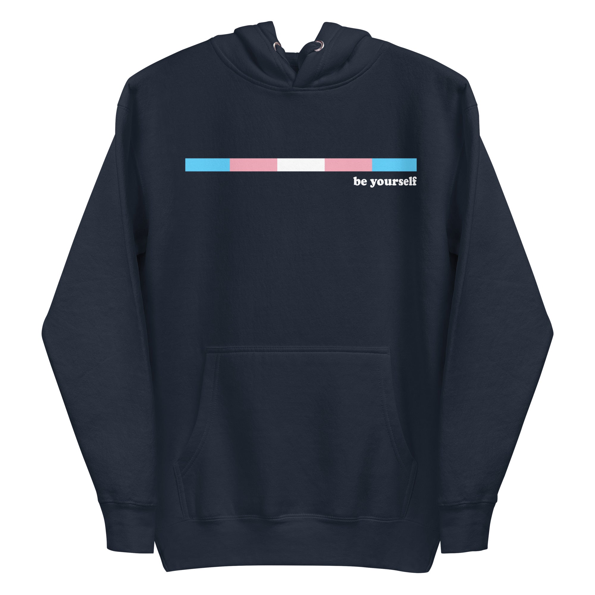 Celebrate your LGBTQ+ pride with Pridelity's Trans Hoodie in Team Royal. This stylish hoodie features a front pocket and a thin horizontal gradient bar of blue, pink, and white. Next to it, you'll find the empowering message 