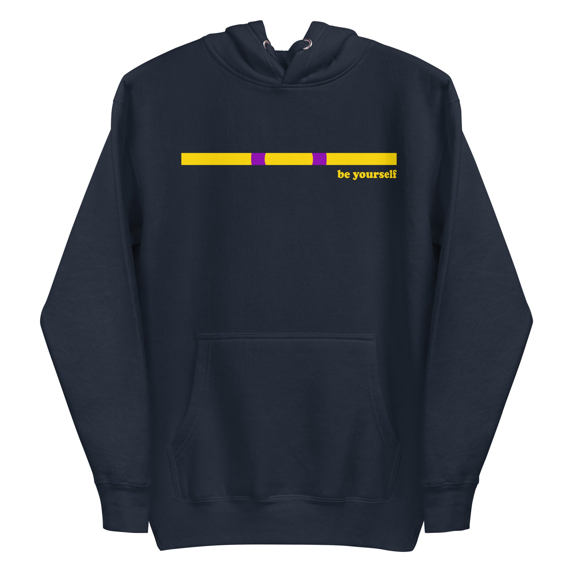 The Intersex Hoodie by Pridelity, in black, features a horizontal yellow and purple bar above the chest with 