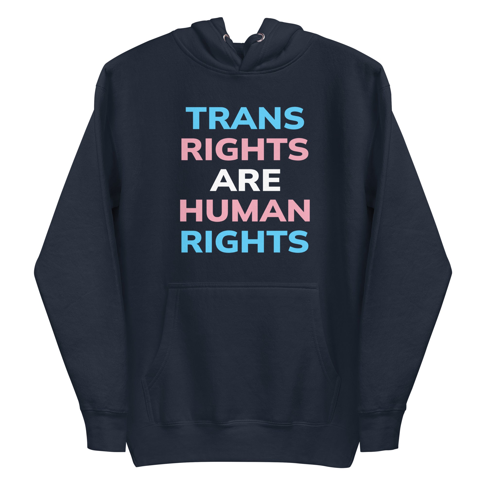 Introducing the Trans Rights Hoodie from Pridelity's pride collection—this navy blazer hoodie prominently showcases the phrase 