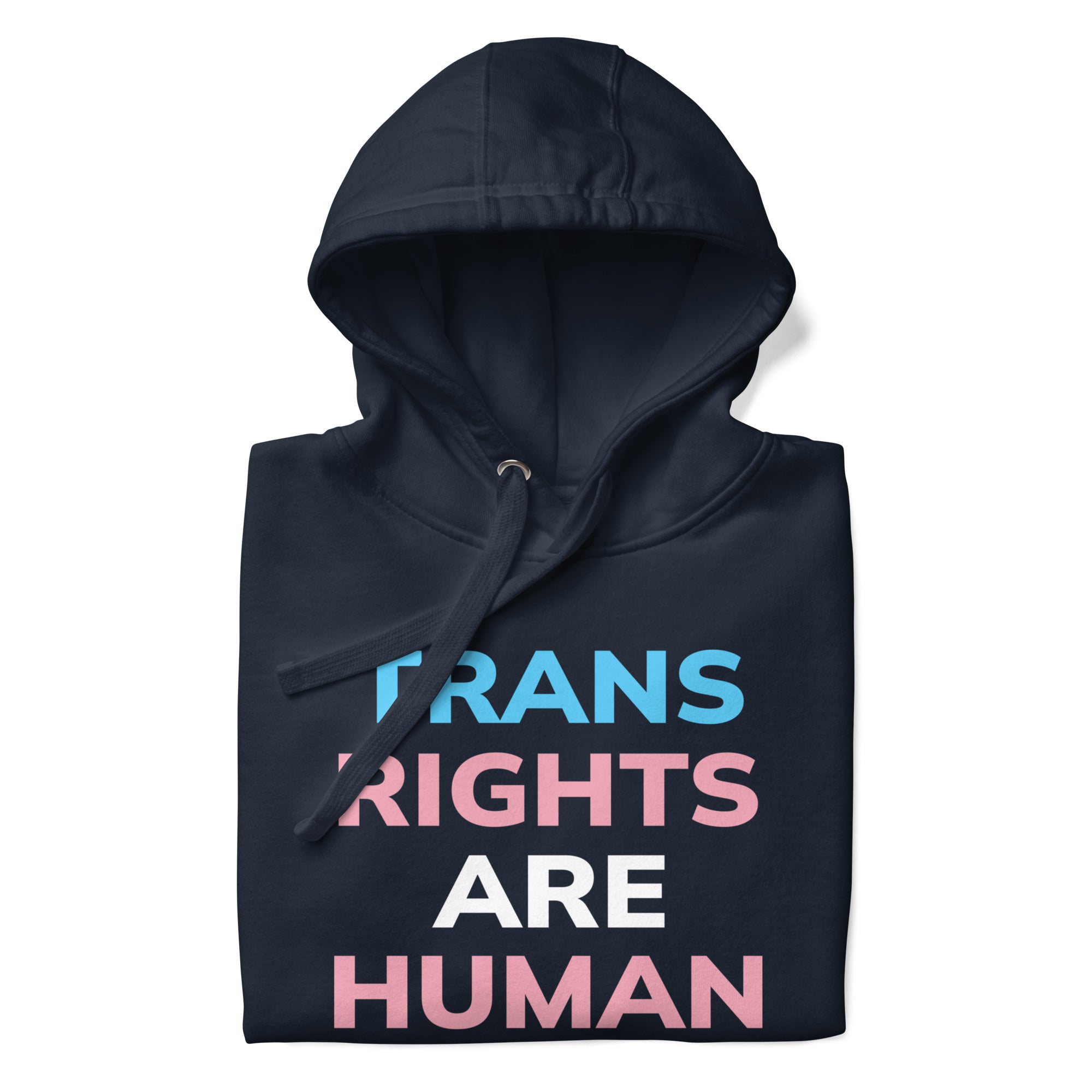 Introducing the Trans Rights Hoodie from Pridelity's pride collection—this navy blazer hoodie prominently showcases the phrase 