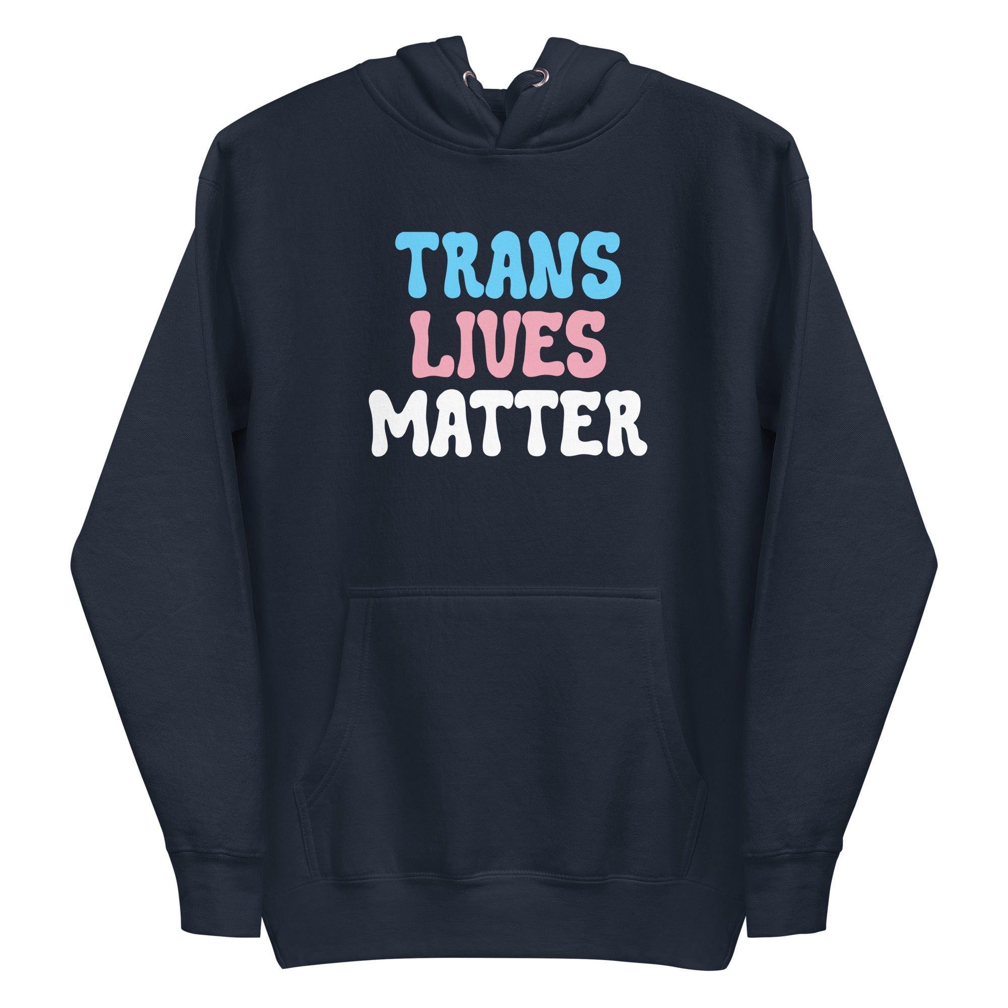 A black Trans Lives Matter Hoodie from Pridelity’s pride collection prominently displays the message 