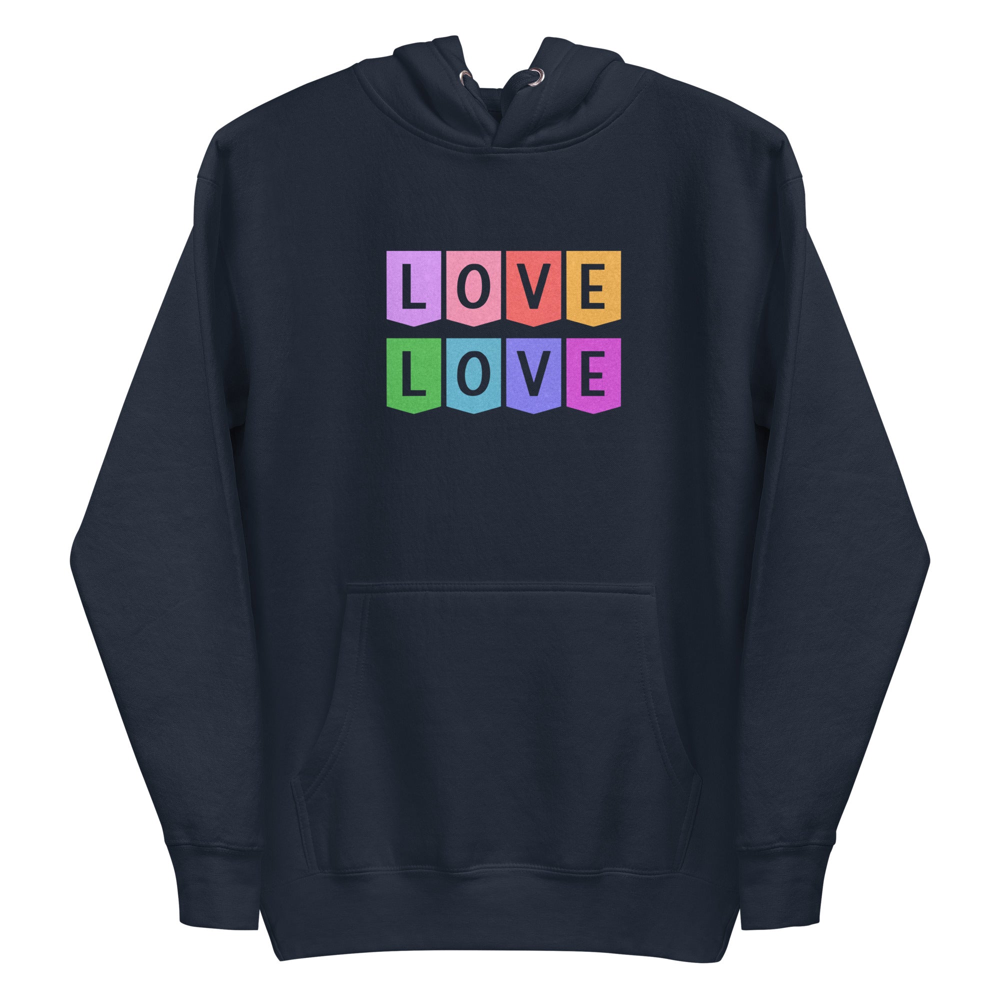 The Pridelity Love Love Hoodie is a white hoodie showcasing a colorful block design on the chest, with the word 