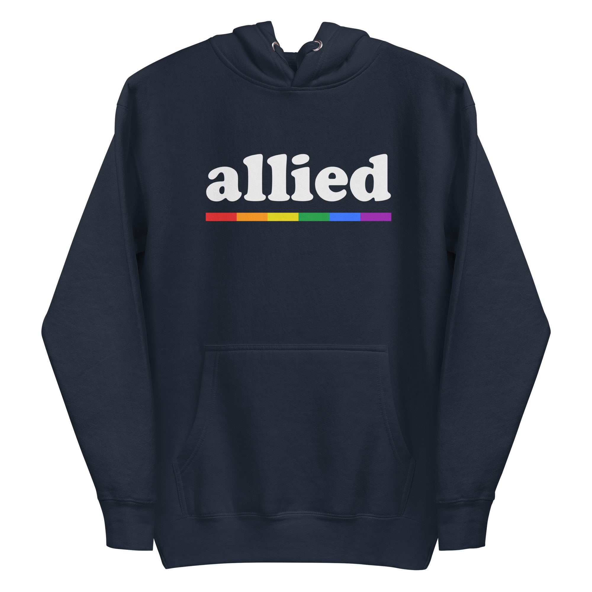 Introducing the Allied Hoodie by Pridelity: a black hoodie that showcases the word 