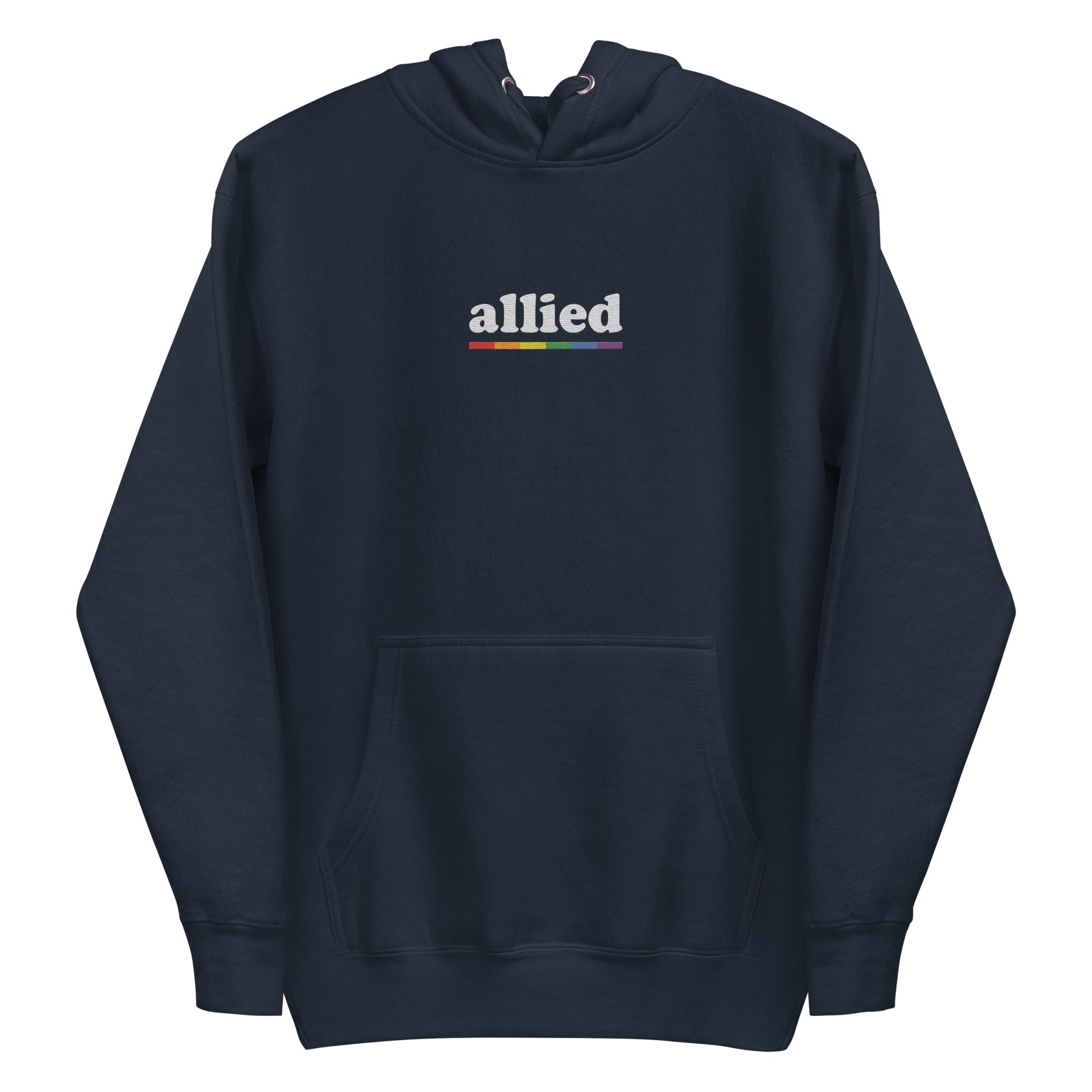 The Allied Hoodie by Pridelity is a black hoodie adorned with the word 