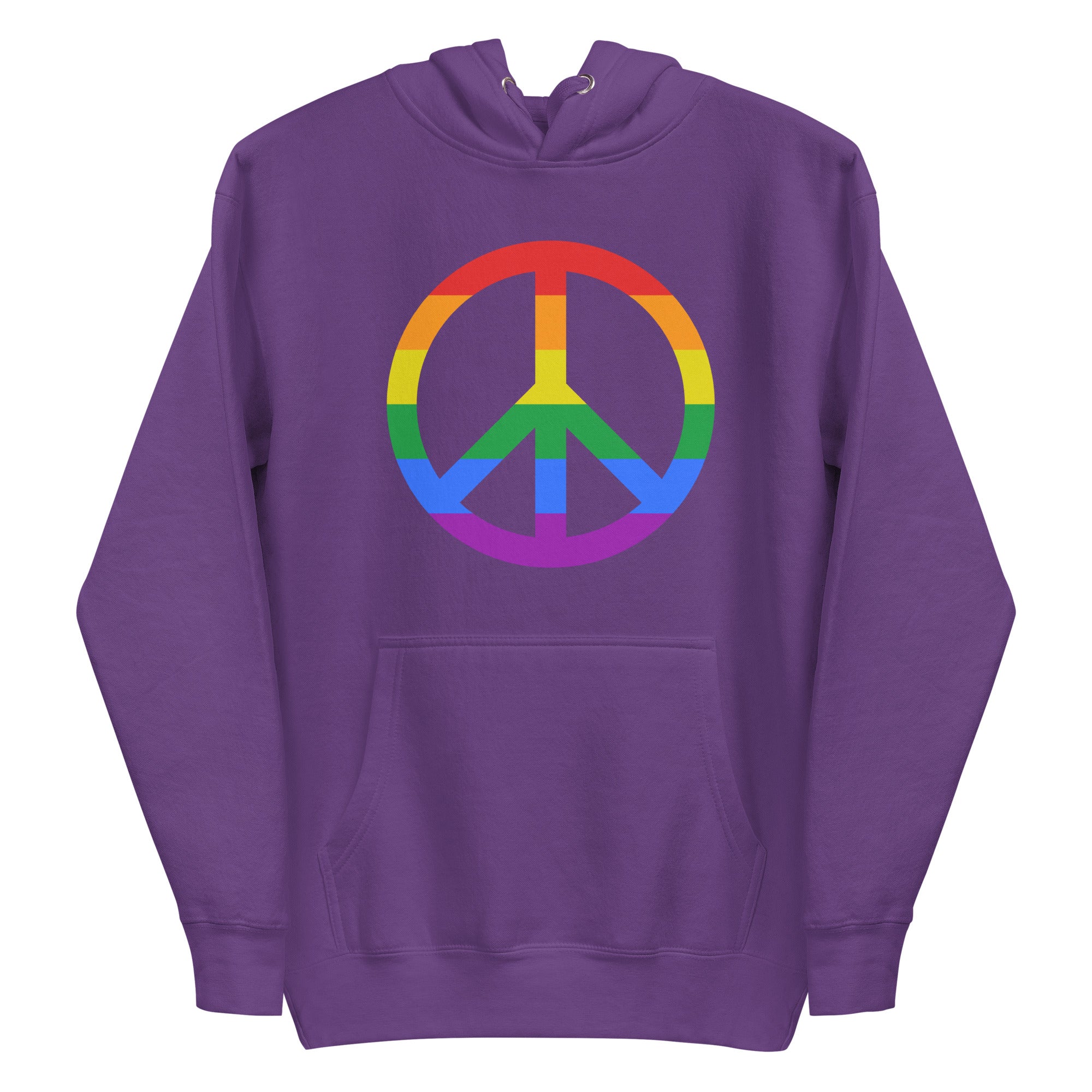 The Peace Hoodie by Pridelity showcases a rainbow peace symbol on the front of a black hoodie, set against a plain white background, making it an ideal addition to your pride shirt collection.