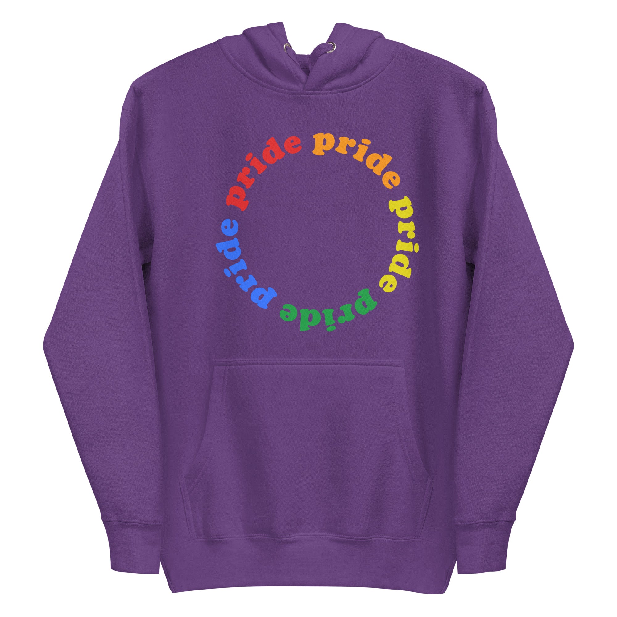 Introducing the Pride Circle Hoodie by Pridelity, a stylish white hoodie that celebrates pride with a captivating circular design featuring the word 