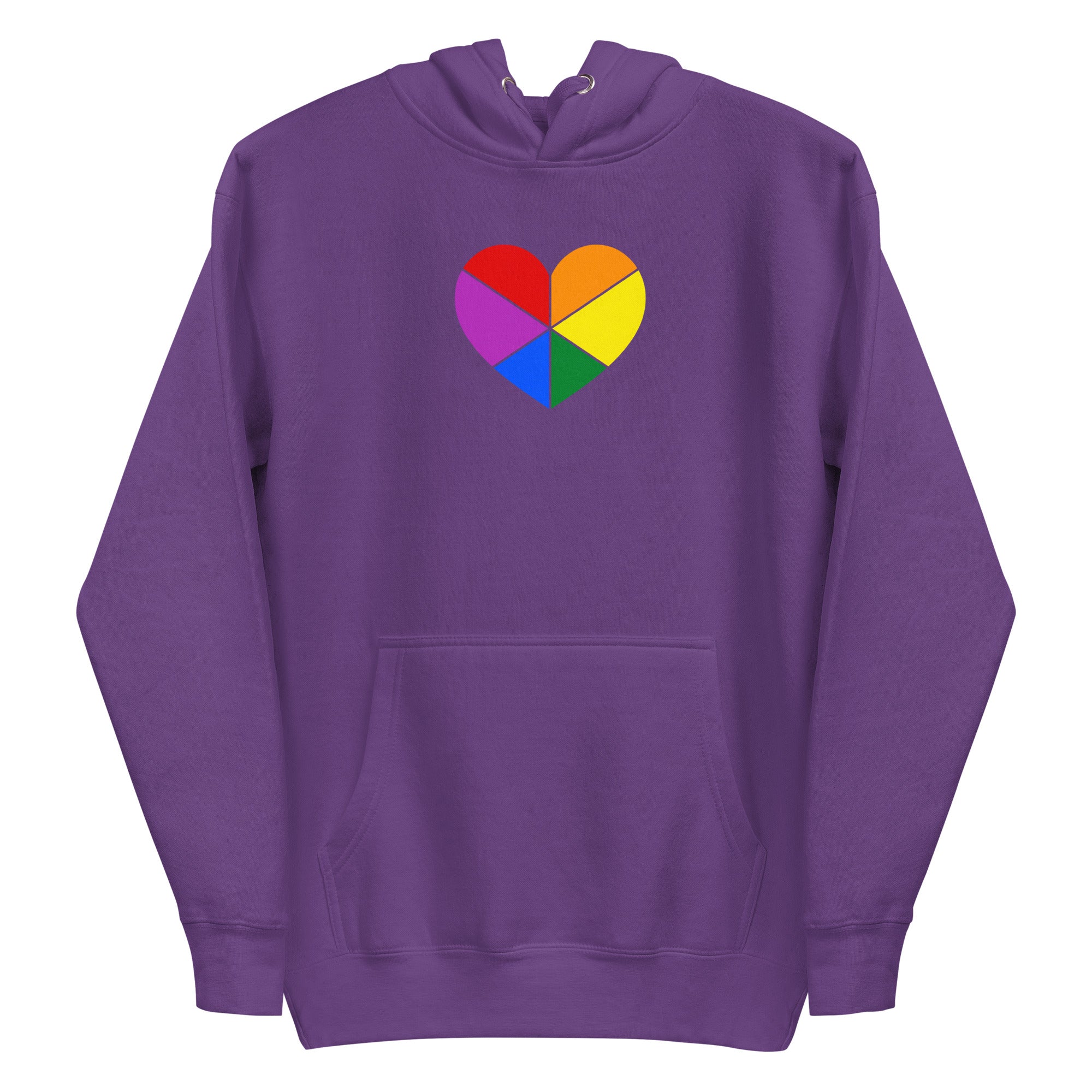 The Pride Heart Hoodie from Pridelity is a white hoodie adorned with a multicolored heart emblem at its center, inspired by pride shirts. Each segment of the heart reveals a different color, creating a vibrant rainbow pattern. It also includes a convenient front pocket and an adjustable hood with drawstrings for added comfort.