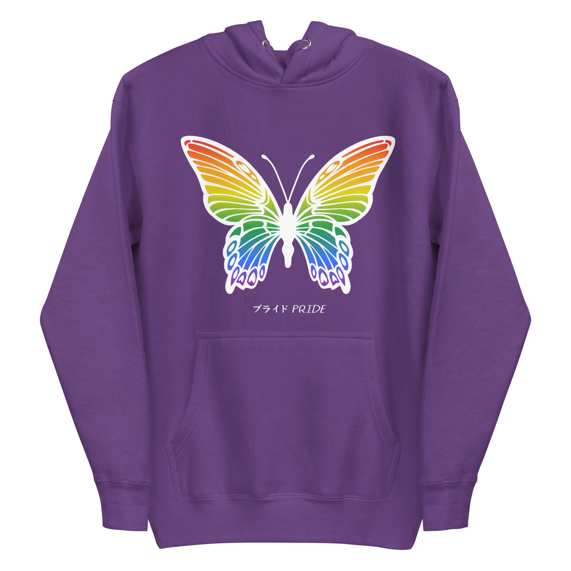 Explore the Butterfly Pride Hoodie from Pridelity, a standout piece from our Pride Collection. This purple hoodie features an impressive butterfly with vibrant rainbow wings. The design is beautifully complemented by the word 