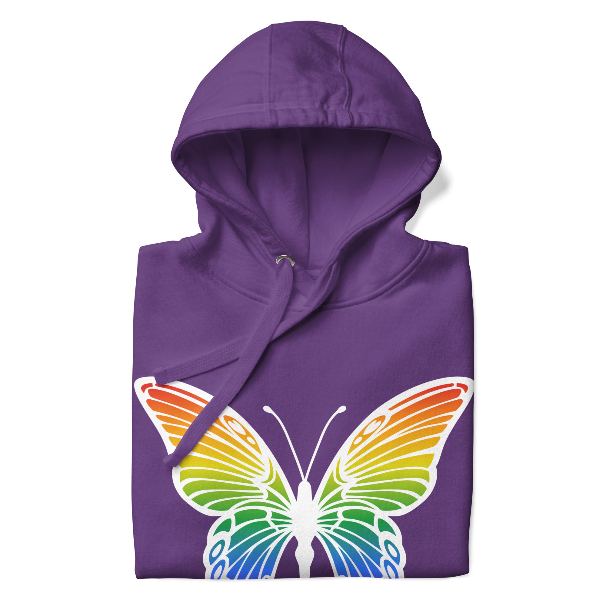 Explore the Butterfly Pride Hoodie from Pridelity, a standout piece from our Pride Collection. This purple hoodie features an impressive butterfly with vibrant rainbow wings. The design is beautifully complemented by the word 