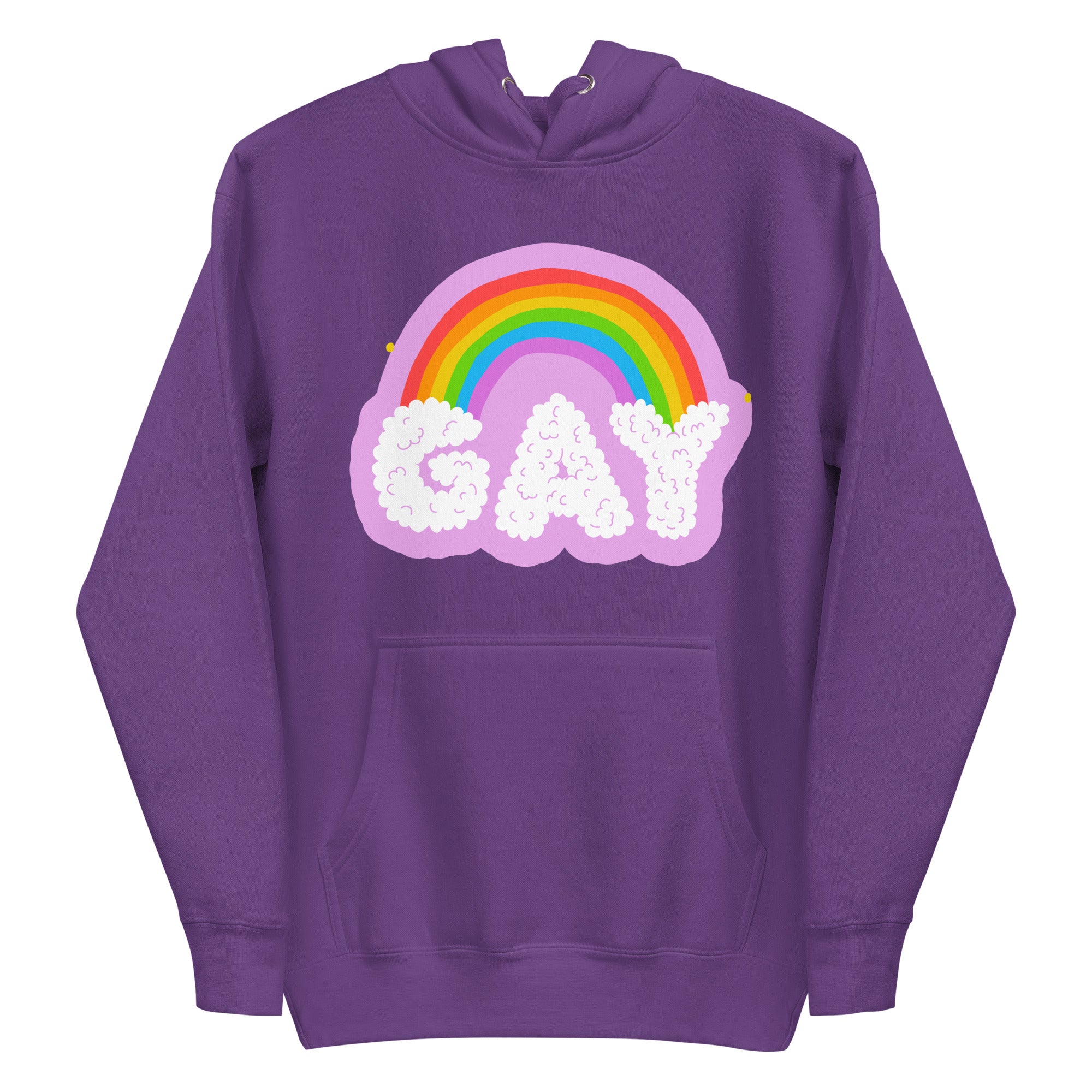 The Cloud Gay Hoodie from Pridelity's Pride Merch collection is a white hoodie showcasing a vibrant rainbow over the word 