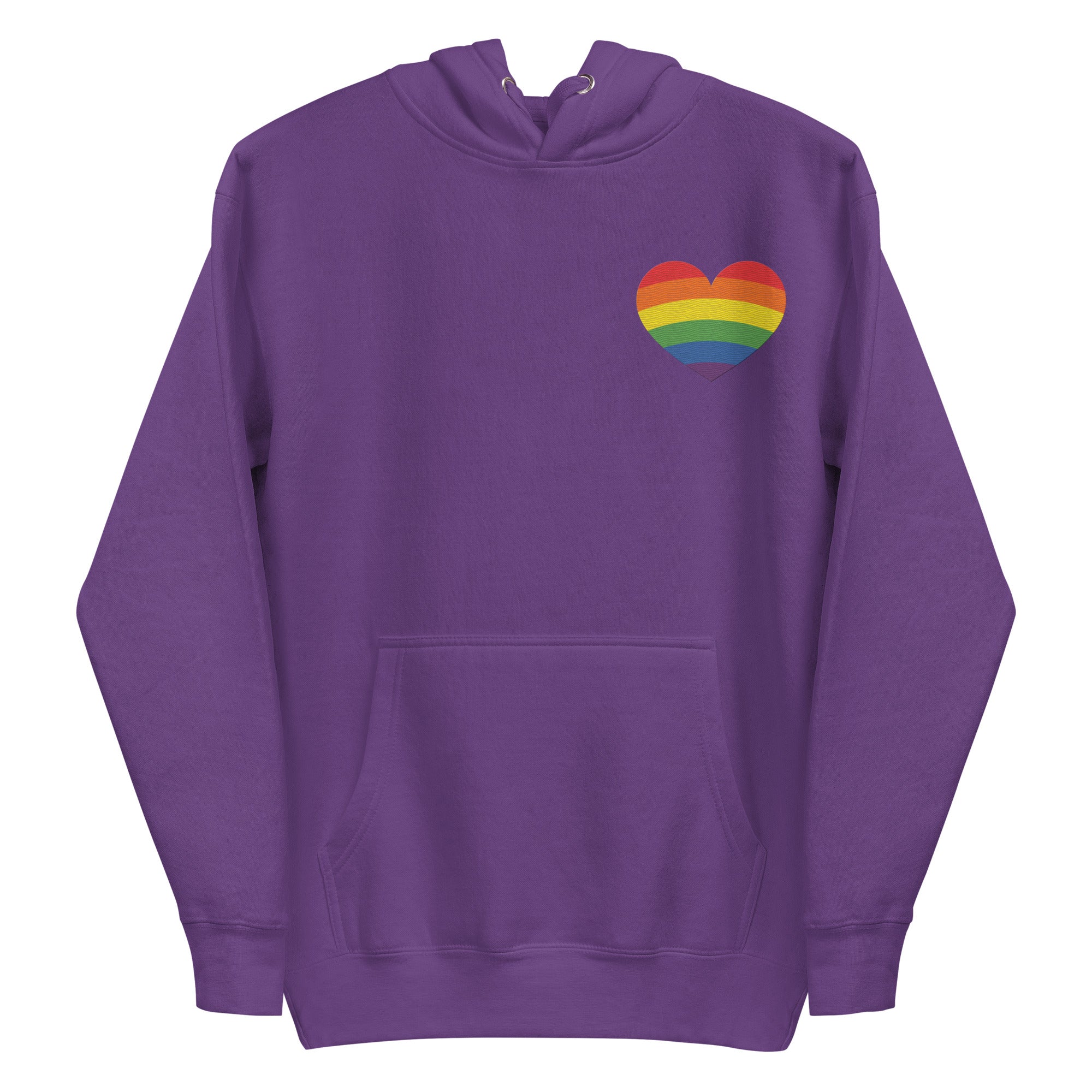 The Rainbow Heart Hoodie by Pridelity, in black, showcases a rainbow-striped heart on the left chest to celebrate LGBTQ+ pride.