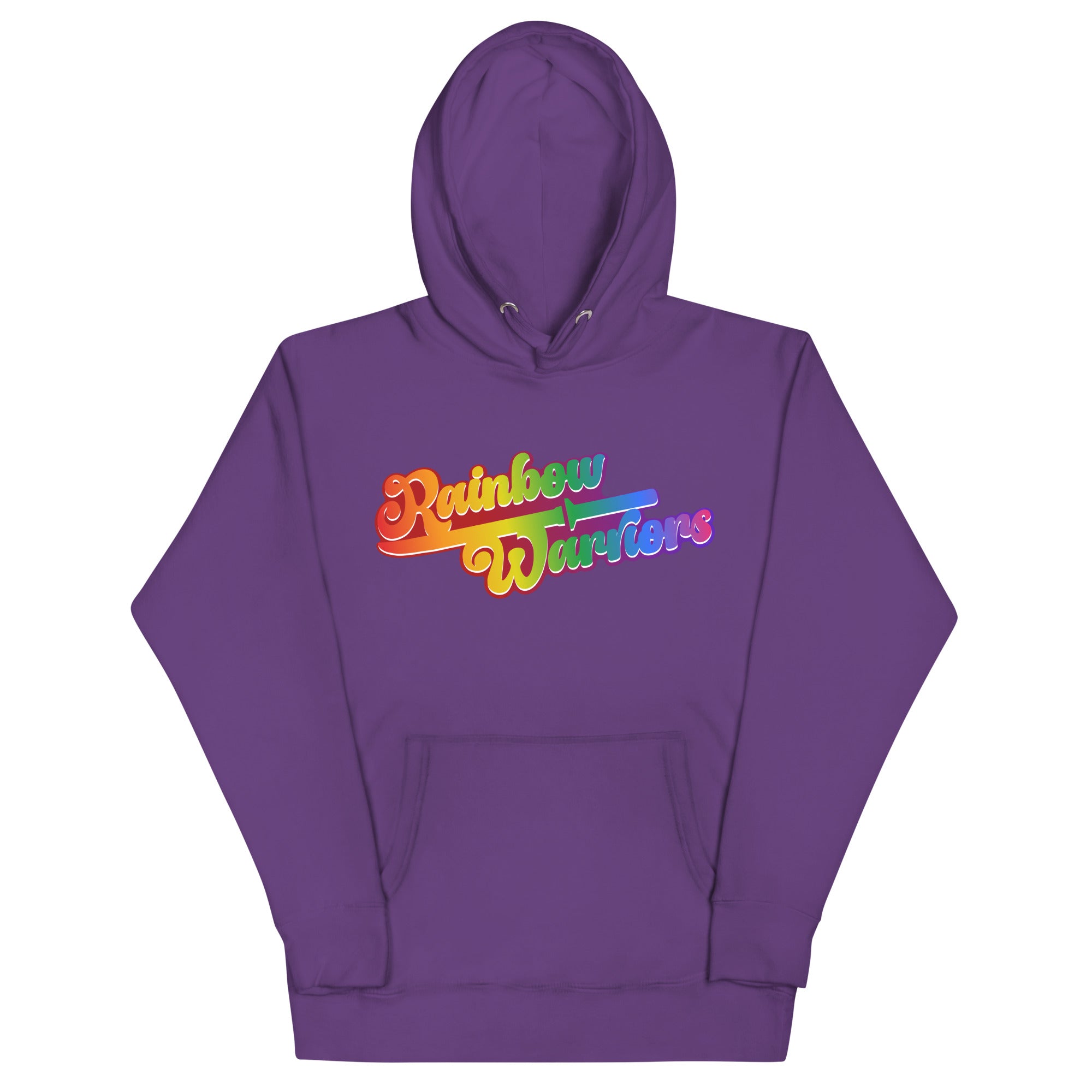 The Rainbow Warriors Hoodie from Pridelity is a white hoodie featuring the phrase 