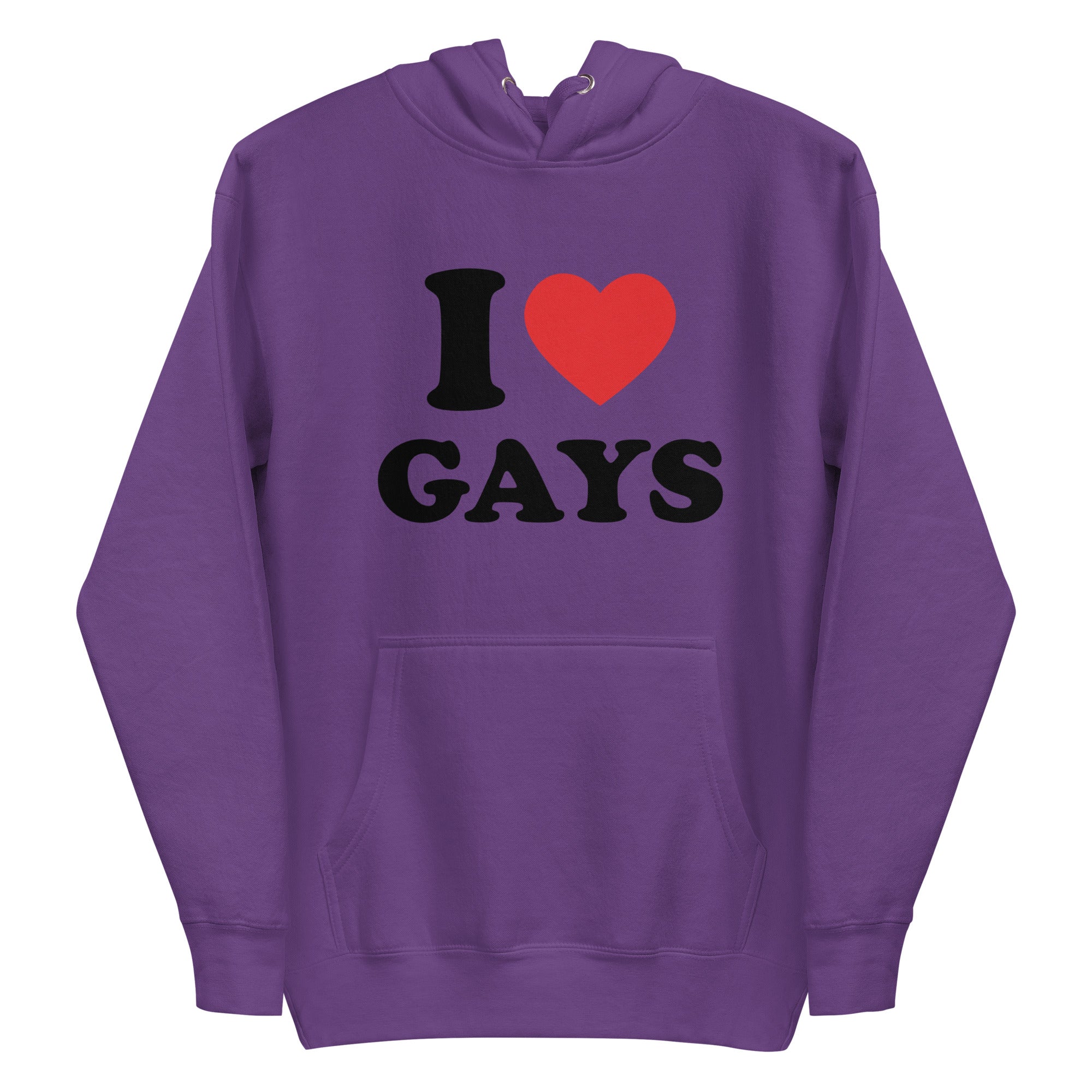 The I Love Gays Hoodie by Pridelity showcases striking black text with 