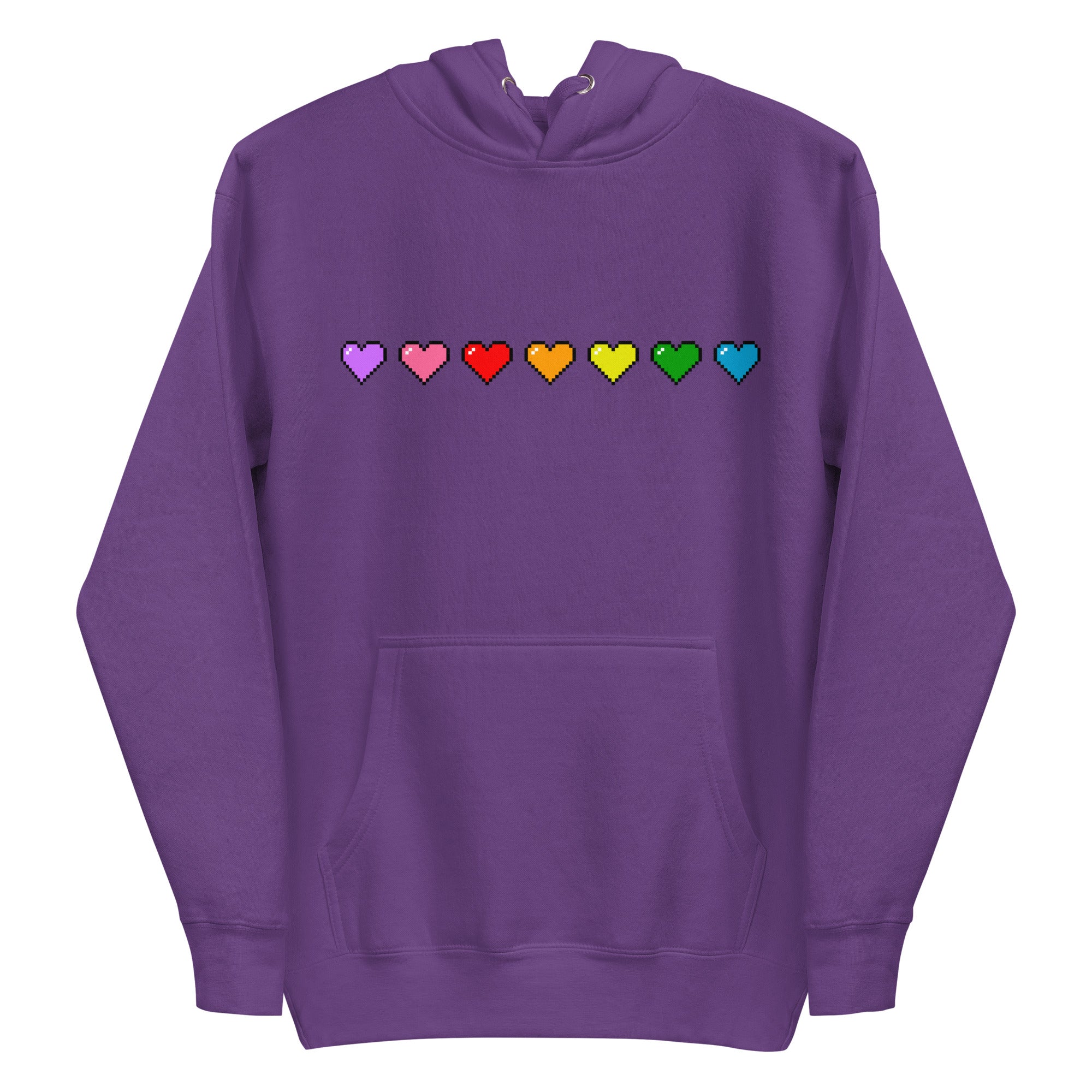 Introducing the Pixel Hearts Hoodie by Pridelity: This white hoodie showcases a row of pixelated hearts in vibrant rainbow colors—purple, pink, red, orange, yellow, green, and blue—across the chest, capturing the lively essence of pride shirts. It is designed with a convenient front pocket and a drawstring hood for added style and comfort.