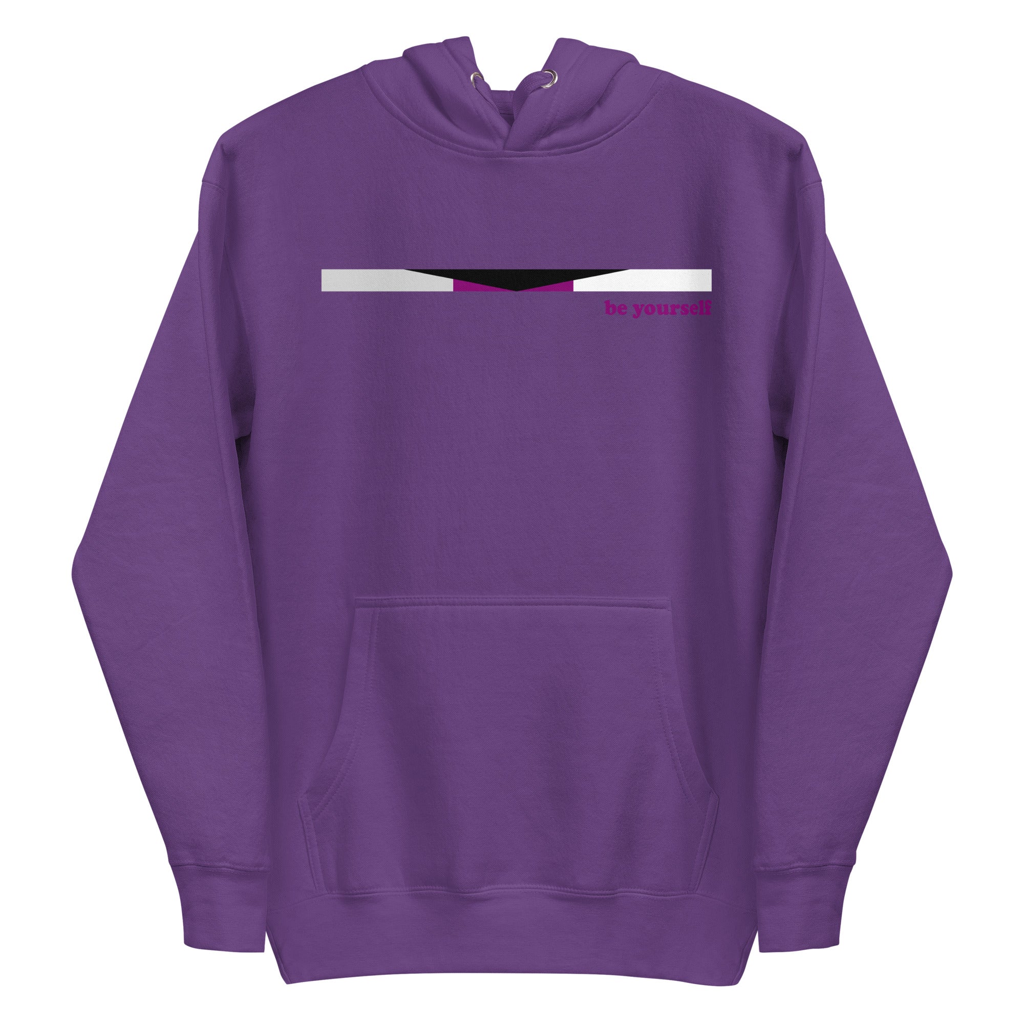 The Demisexual Hoodie by Pridelity is a stylish purple hoodie that highlights a small pride flag design across the chest, featuring black, gray, white, and purple stripes. Bold red text beside the flag reads 